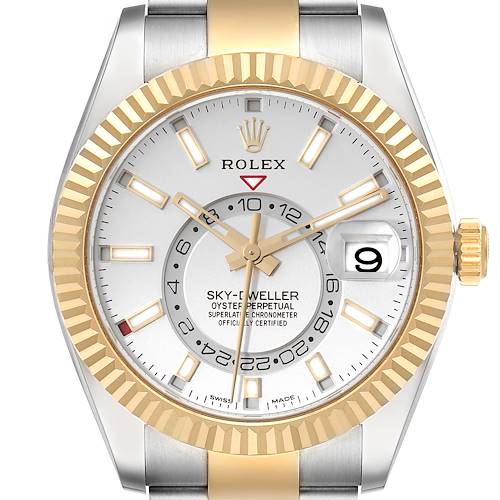 Photo of Rolex Sky Dweller Yellow Gold Steel White Dial Mens Watch 326933 Box Card