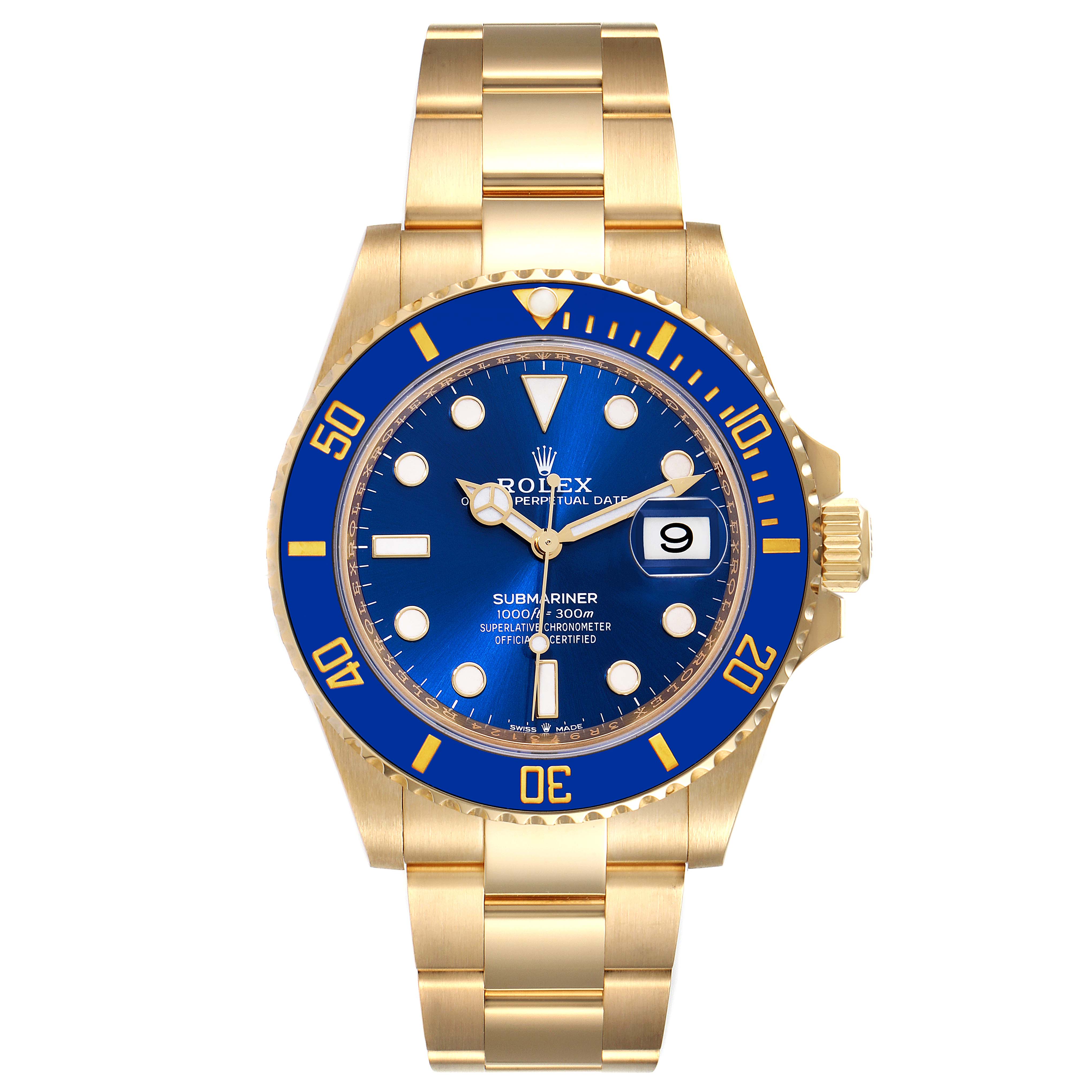 The image shows a front view of the Rolex Submariner 126618 Men's Yellow Gold Blue Dial 126618 Men's Yellow Gold Blue Dial watch, highlighting its blue dial, gold band, and bezel.