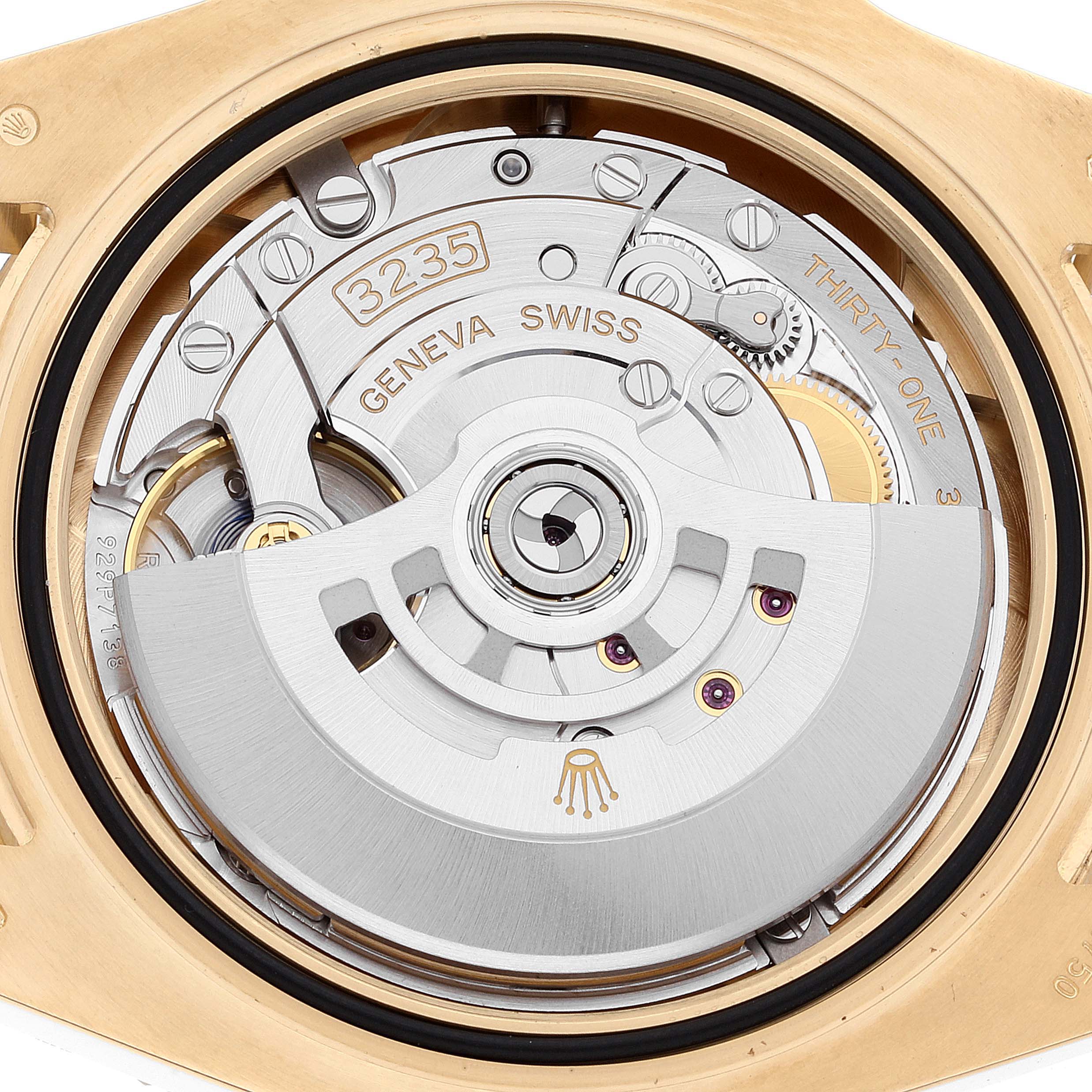 This image shows a close-up view of the movement mechanism inside a Rolex Submariner 126618 Men's Yellow Gold Blue Dial 126618 Men's Yellow Gold Blue Dial watch.