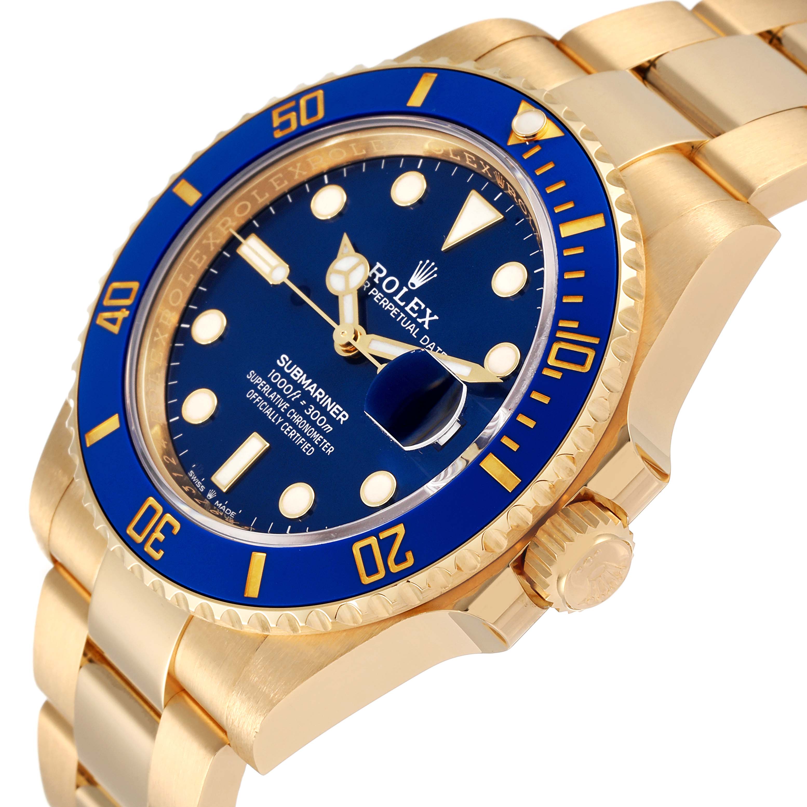 The image shows a close-up angle of a Rolex Submariner 126618 Men's Yellow Gold Blue Dial 126618 Men's Yellow Gold Blue Dial watch, highlighting the gold case, blue dial, bezel, and crown.