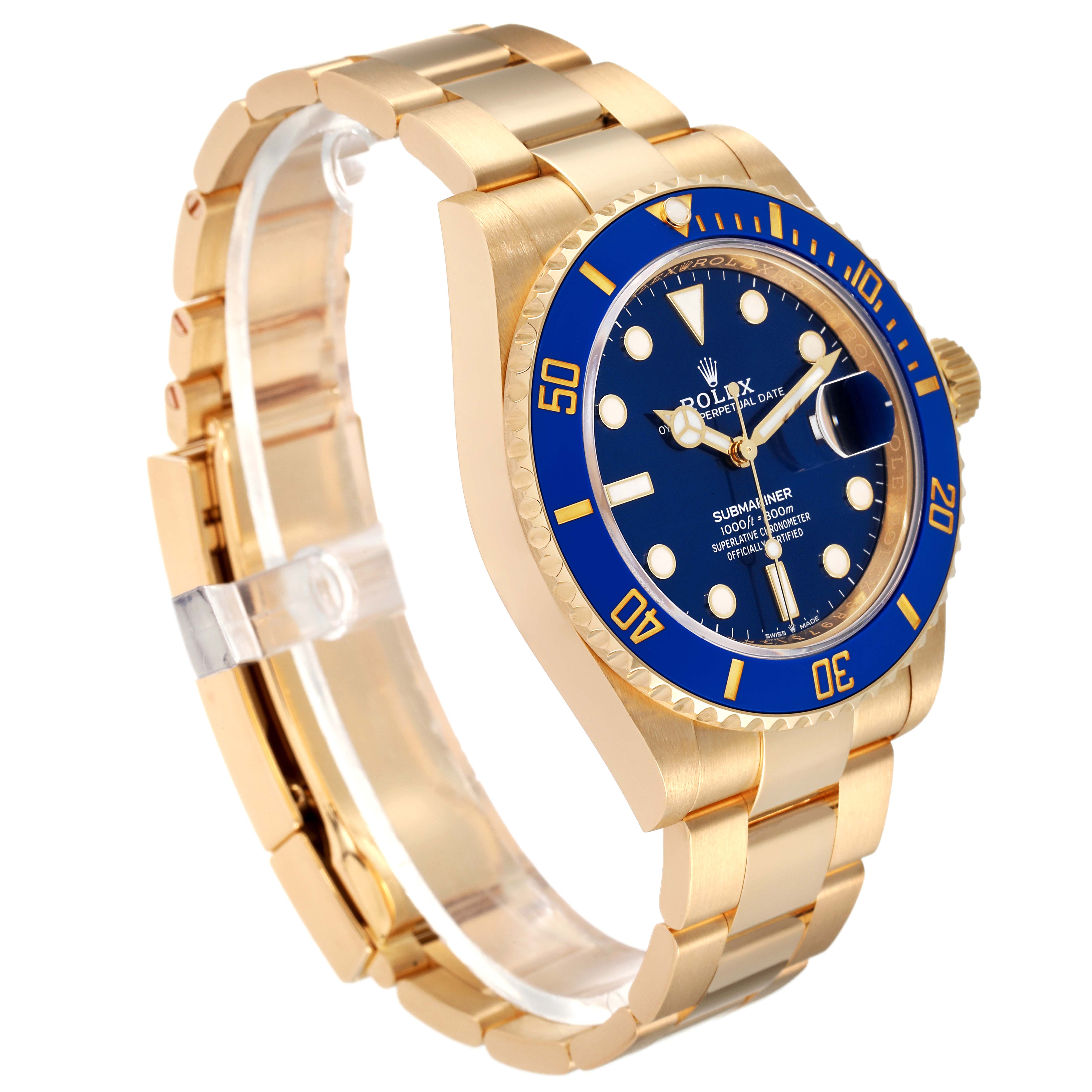 The image shows a Rolex Submariner 126618 Men's Yellow Gold Blue Dial 126618 Men's Yellow Gold Blue Dial watch from a front-side angle, highlighting its gold body, blue bezel, and blue dial.