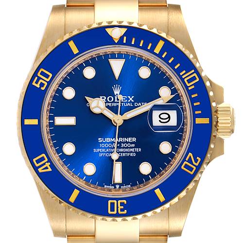 Photo of Rolex Submariner 18k Yellow Gold Blue Dial Bezel Mens Watch 126618 Box Card