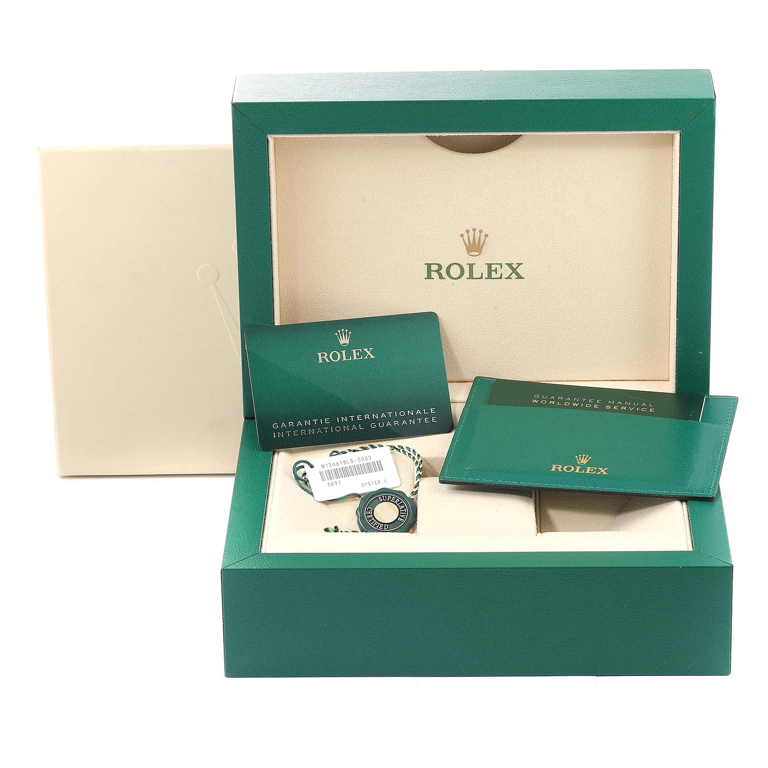 This image shows the packaging, warranty cards, and accessories for a Rolex Submariner 126618 Men's Yellow Gold Blue Dial 126618 Men's Yellow Gold Blue Dial watch.