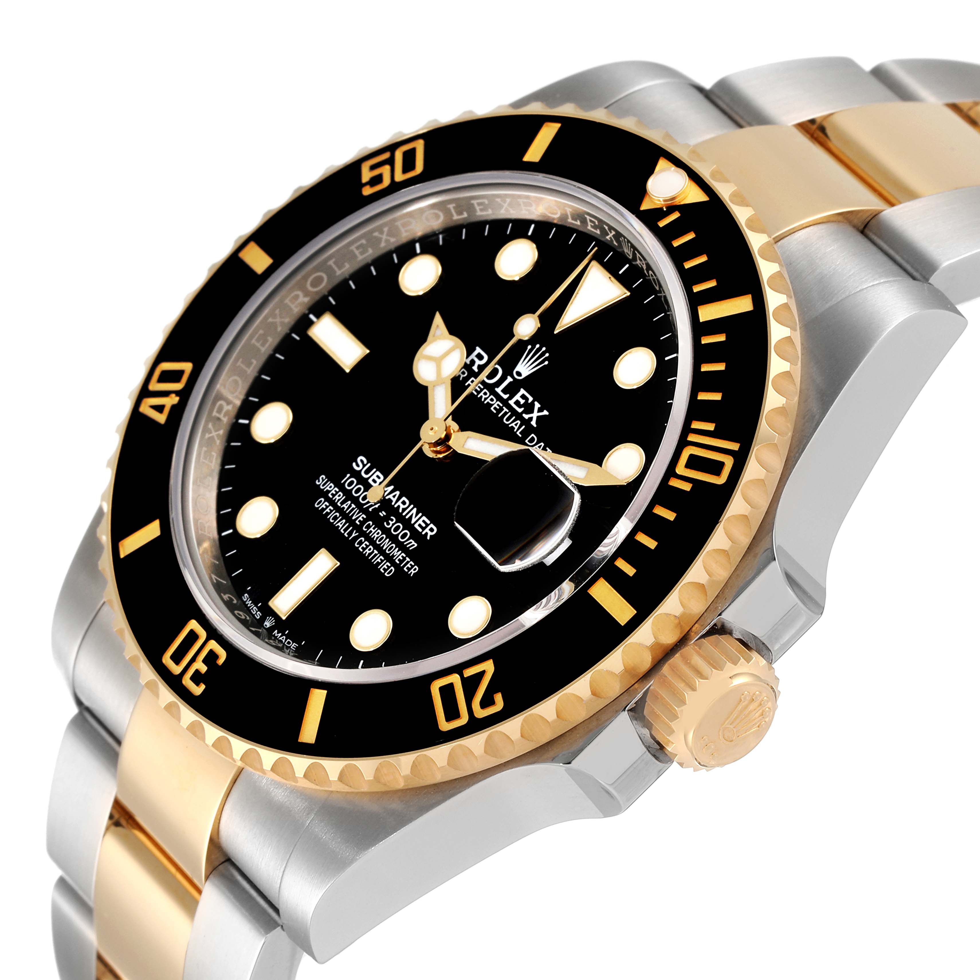 The image shows a close-up angle of the Rolex Submariner 126613 Men's Steel and Gold (two tone) Black Dial 126613 Men's Steel and Gold (two tone) Black Dial watch highlighting the bezel, dial, crown, and bracelet.