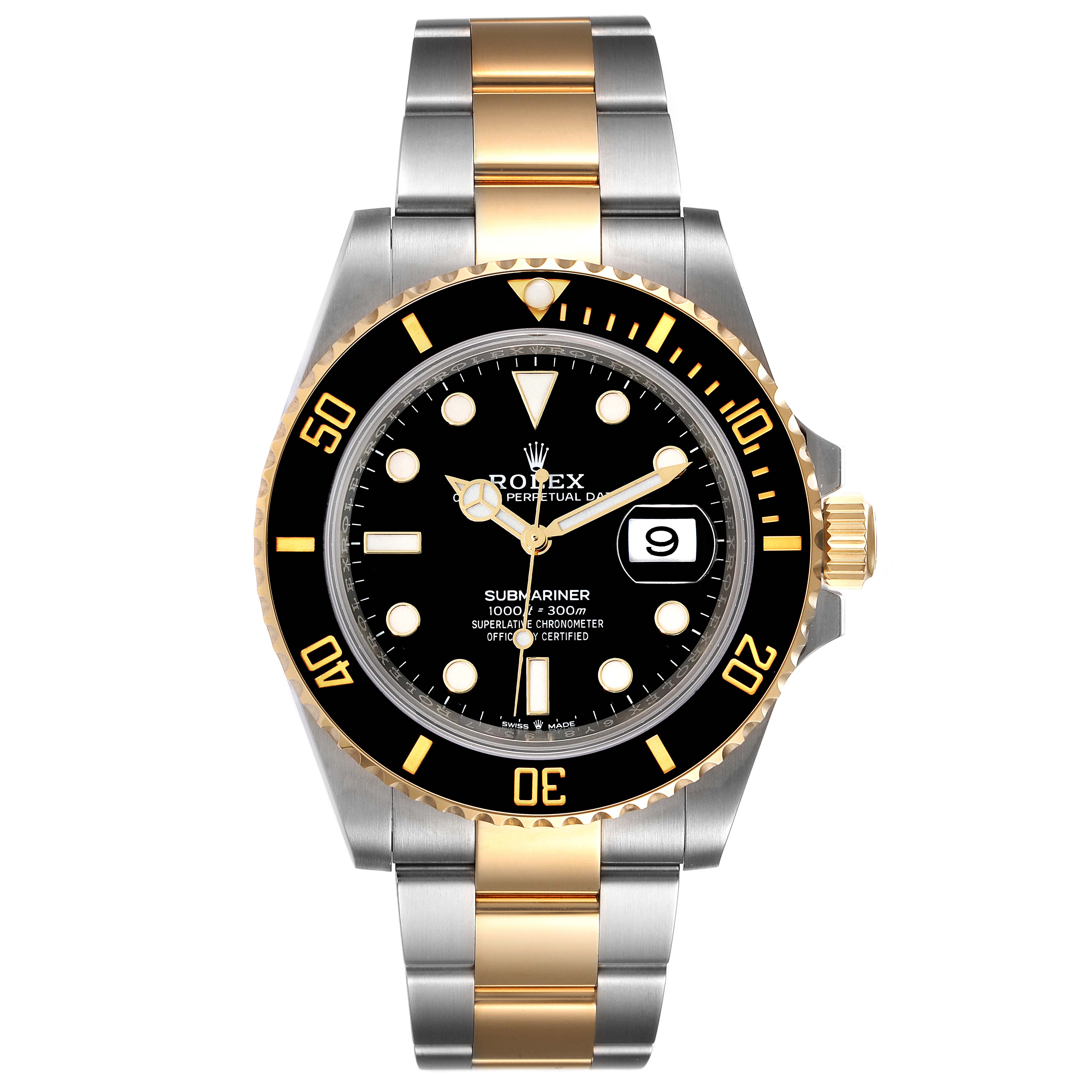 The image shows the front view of the Rolex Submariner 126613 Men's Steel and Gold (two tone) Black Dial 126613 Men's Steel and Gold (two tone) Black Dial watch, highlighting its black dial, bezel, and two-tone bracelet.