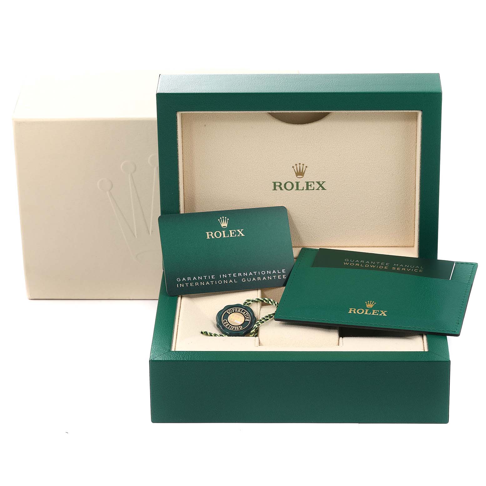 The image shows the packaging, international guarantee, warranty manual, and accessories for a Rolex Submariner 126613 Men's Steel and Gold (two tone) Black Dial 126613 Men's Steel and Gold (two tone) Black Dial watch.