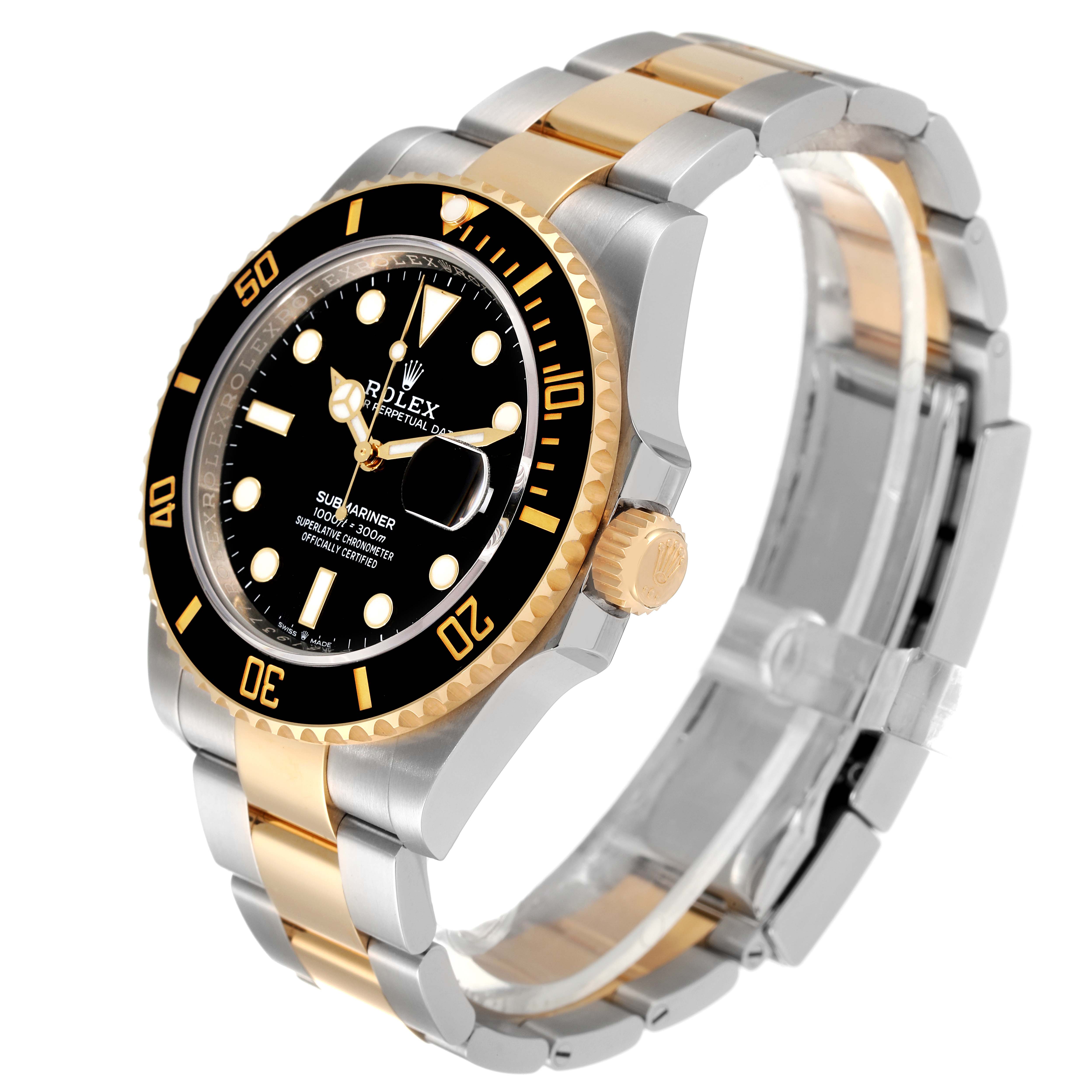 This image shows a side and front angle of a Rolex Submariner 126613 Men's Steel and Gold (two tone) Black Dial 126613 Men's Steel and Gold (two tone) Black Dial watch with a two-tone strap and a black bezel.