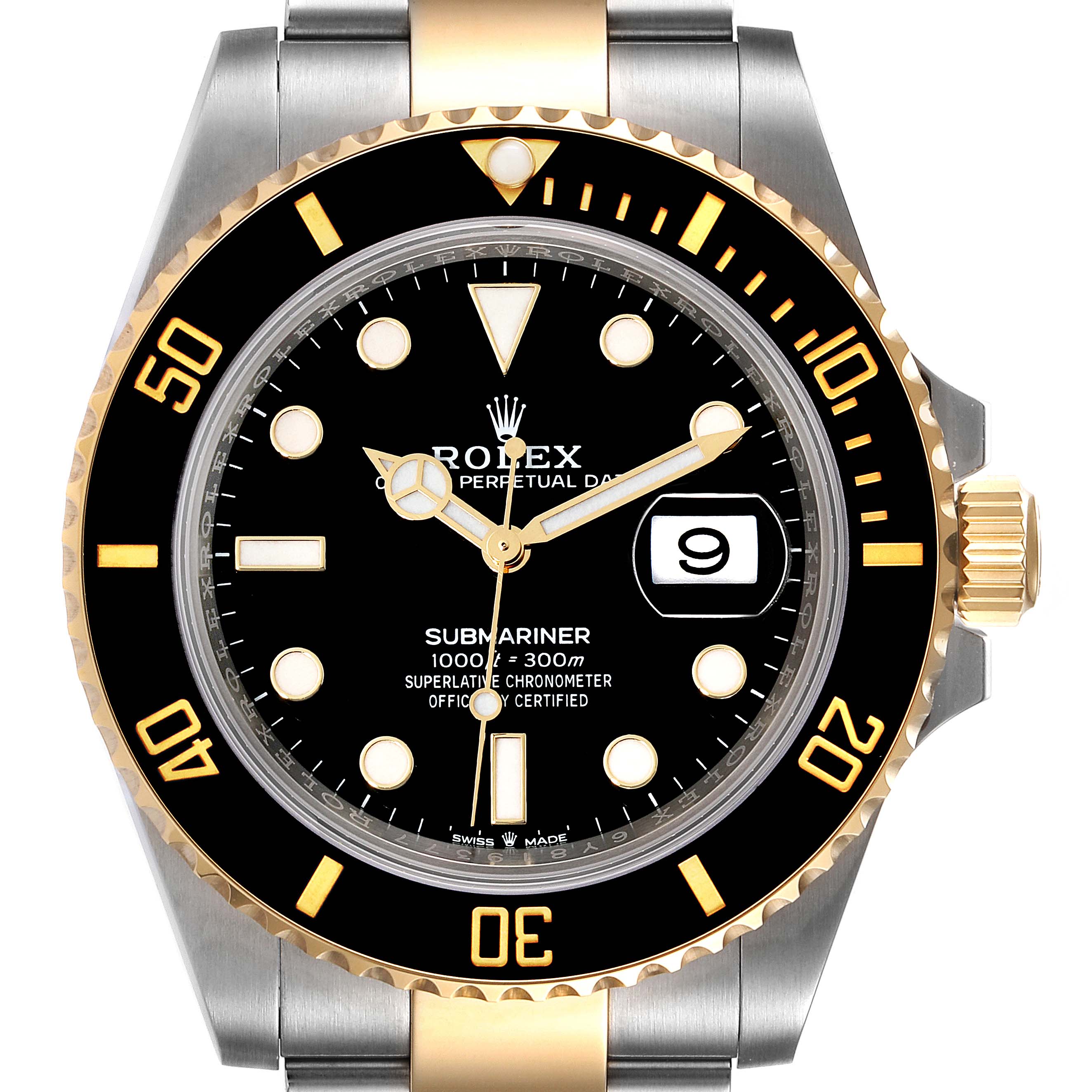 The image shows a front view of the Rolex Submariner 126613 Men's Steel and Gold (two tone) Black Dial 126613 Men's Steel and Gold (two tone) Black Dial watch, displaying its dial, bezel, and part of the bracelet.
