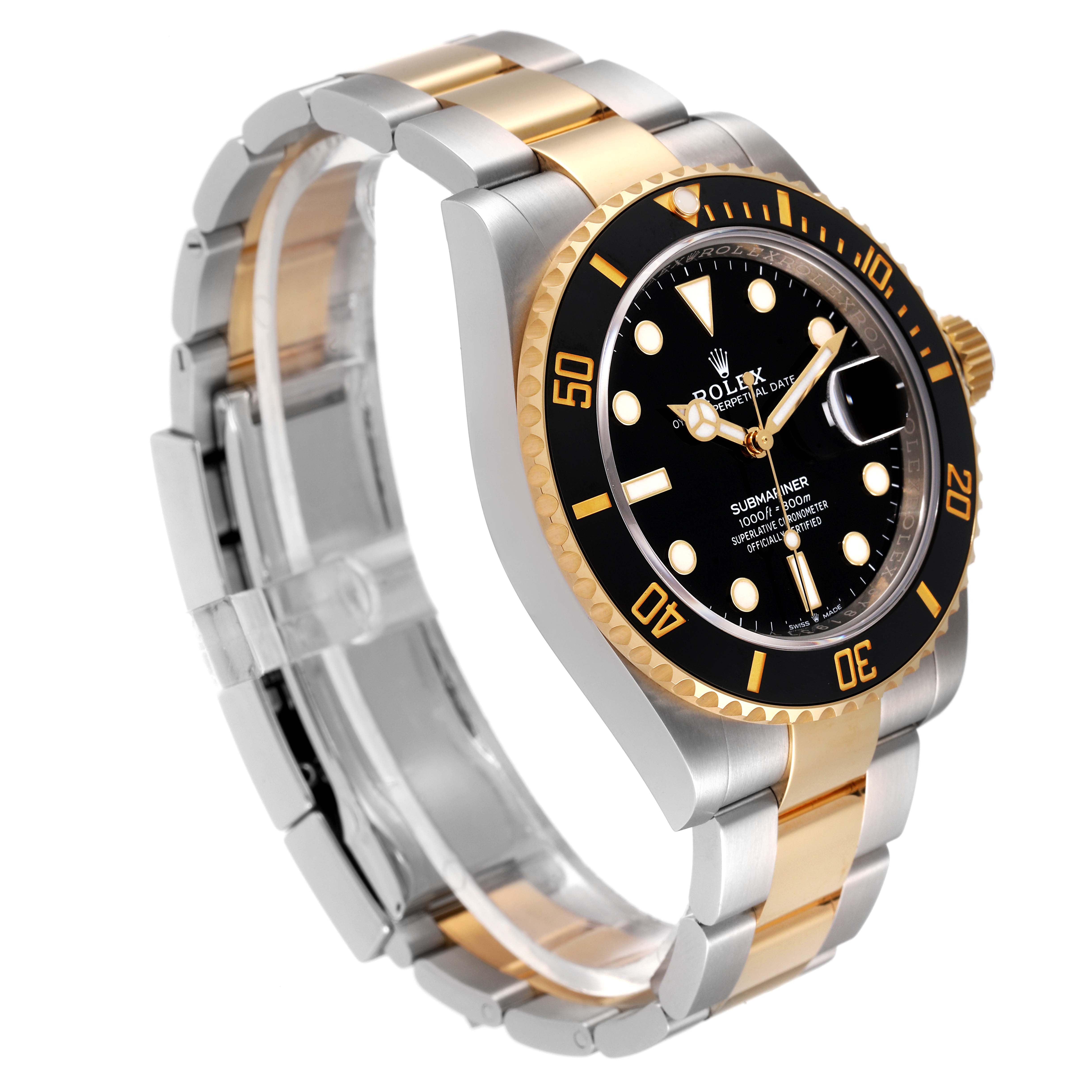 The Rolex Submariner 126613 Men's Steel and Gold (two tone) Black Dial 126613 Men's Steel and Gold (two tone) Black Dial watch is shown at a side angle, highlighting its gold and silver bracelet, black dial, and rotating bezel.