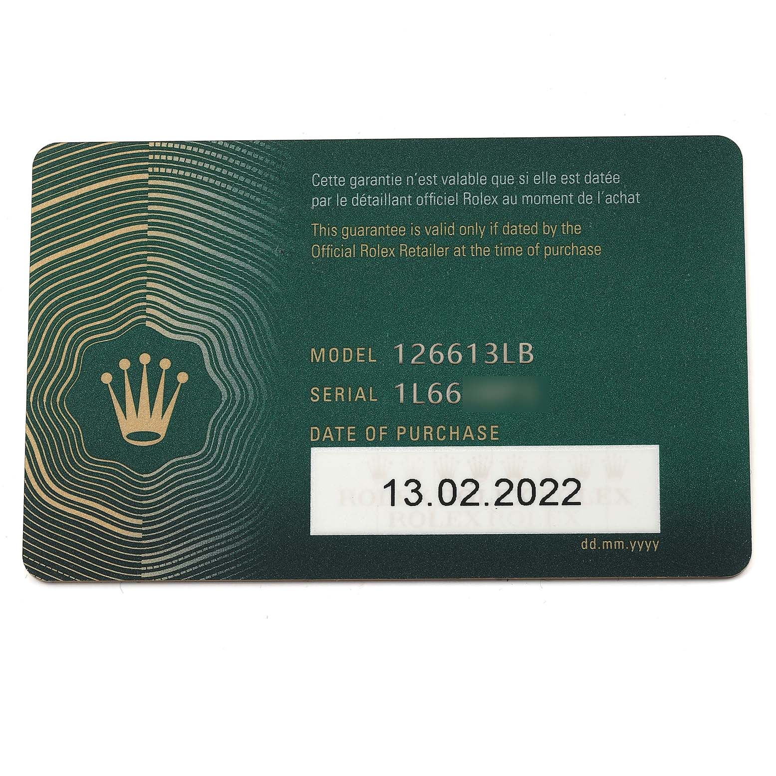 The image shows the guarantee card for a Rolex Submariner 126613 Men's Steel and Gold (two tone) Blue Dial 126613 Men's Steel and Gold (two tone) Blue Dial model 126613LB, including the model number, serial number, and date of purchase.