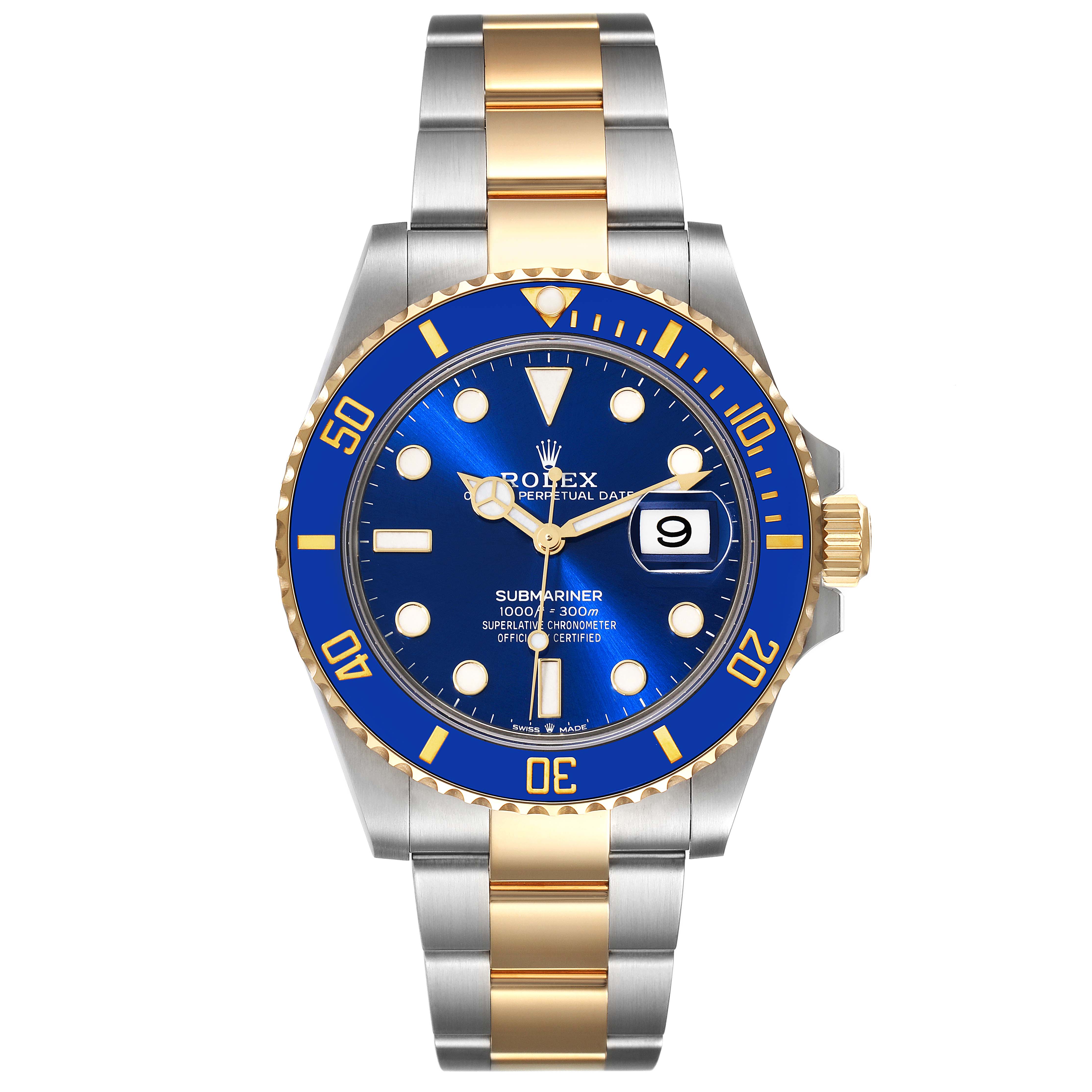 This image shows a front view of a Rolex Submariner 126613 Men's Steel and Gold (two tone) Blue Dial 126613 Men's Steel and Gold (two tone) Blue Dial with a blue dial, gold and silver oyster bracelet, and a date display.