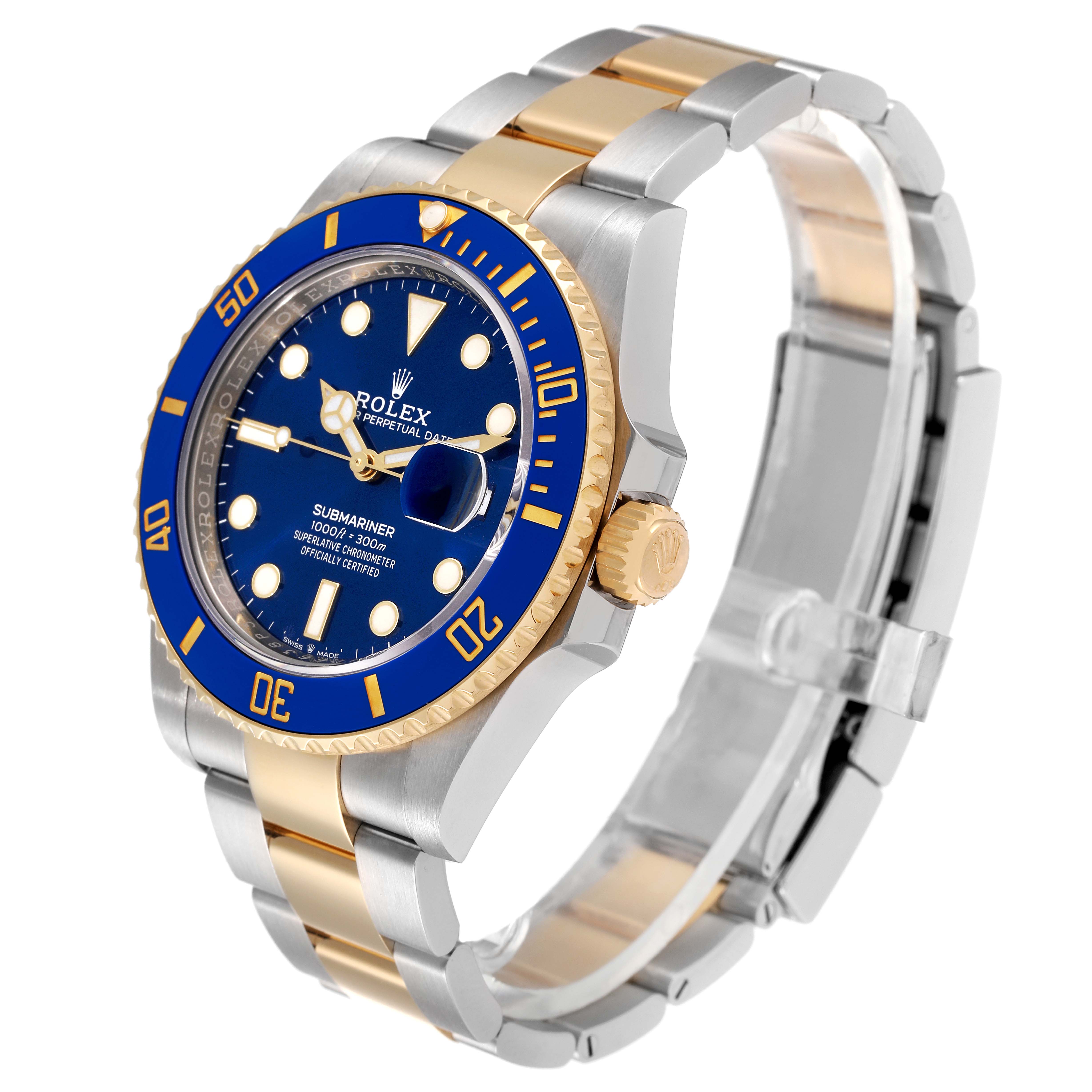 The image shows a Rolex Submariner 126613 Men's Steel and Gold (two tone) Blue Dial 126613 Men's Steel and Gold (two tone) Blue Dial watch at an angled side view, highlighting its blue dial, gold accents, and metal bracelet.