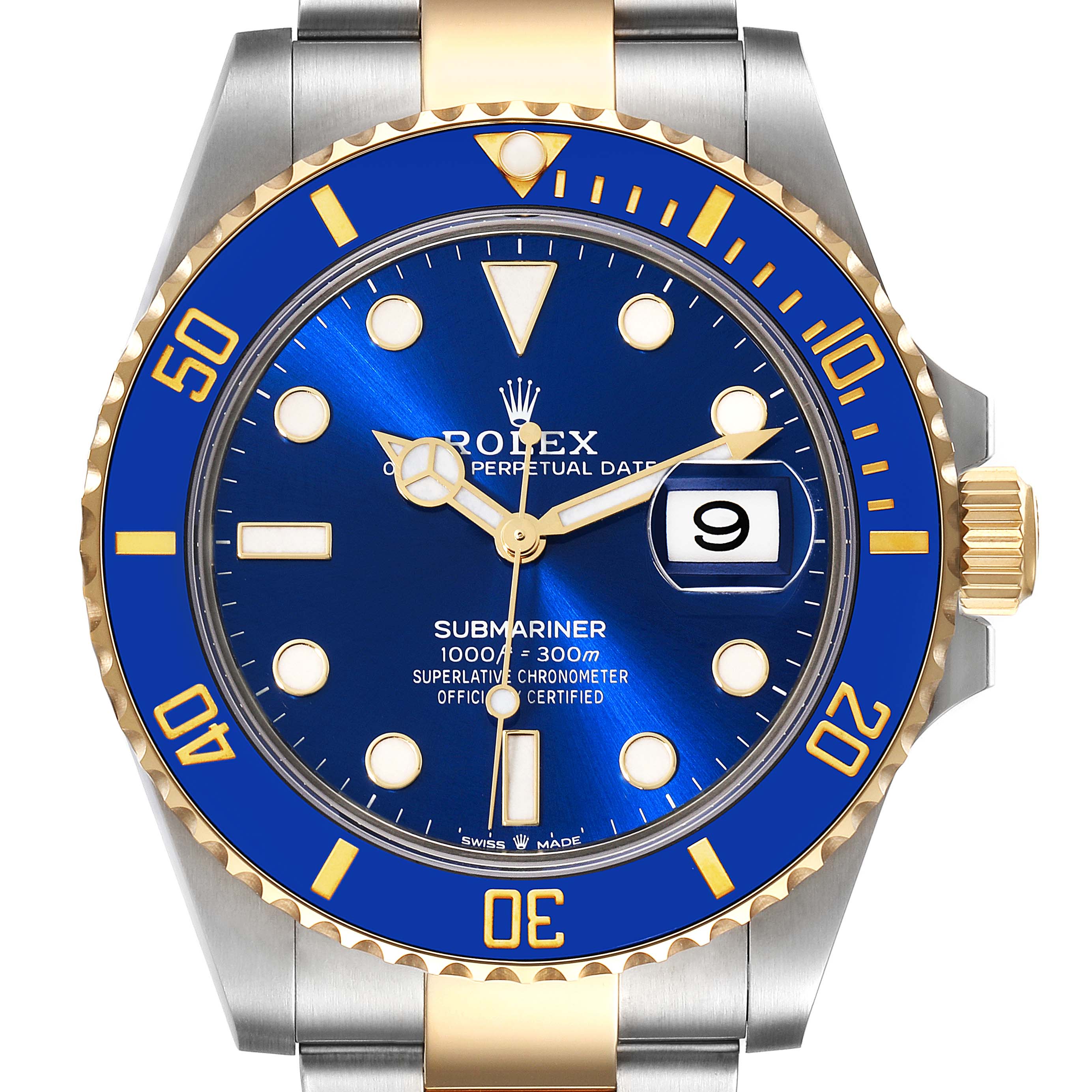 This is a frontal view of the Rolex Submariner 126613 Men's Steel and Gold (two tone) Blue Dial 126613 Men's Steel and Gold (two tone) Blue Dial watch, showcasing the dial, bezel, and crown, with a blue and gold color scheme.