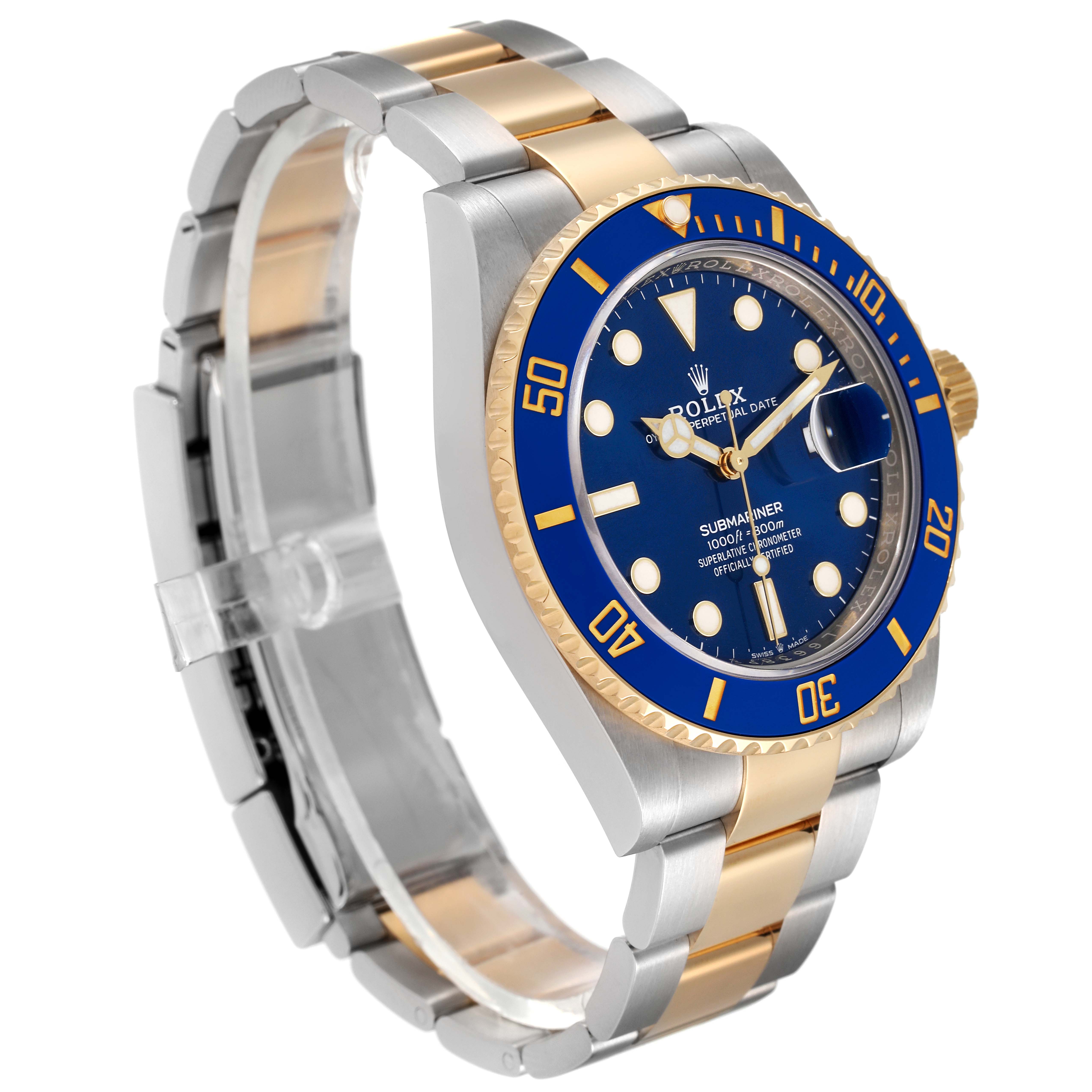 This image shows a side angle of the Rolex Submariner 126613 Men's Steel and Gold (two tone) Blue Dial 126613 Men's Steel and Gold (two tone) Blue Dial, featuring its blue dial and bezel with a two-tone metal bracelet.