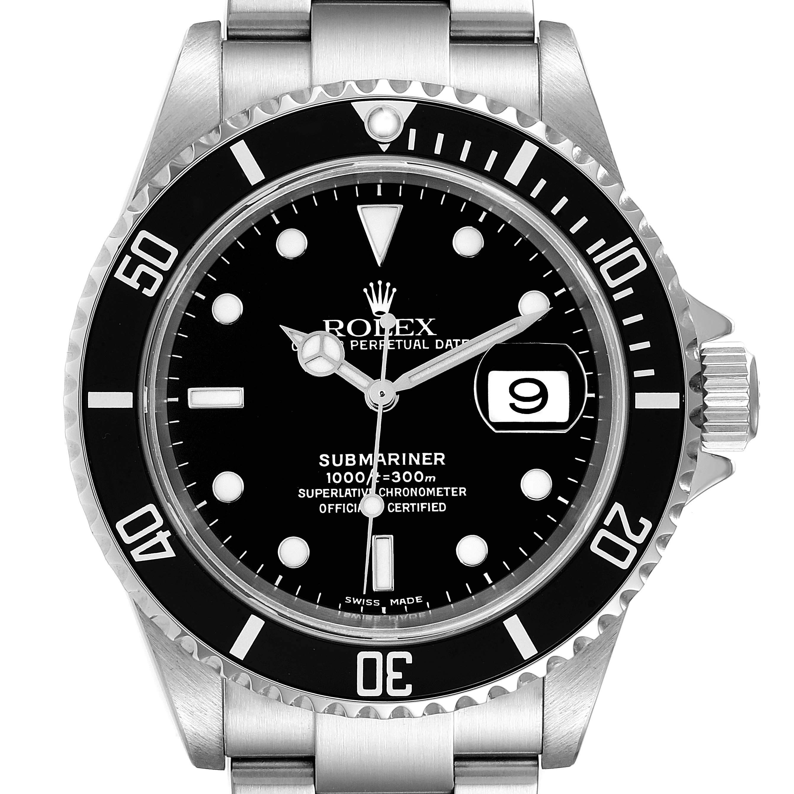 This image shows a front view of a Rolex Submariner 16610 Men
s Stainless Steel Black Dial 16610 Men
s Stainless Steel Black Dial watch, featuring the dial, bezel, crown, and part of the bracelet.
