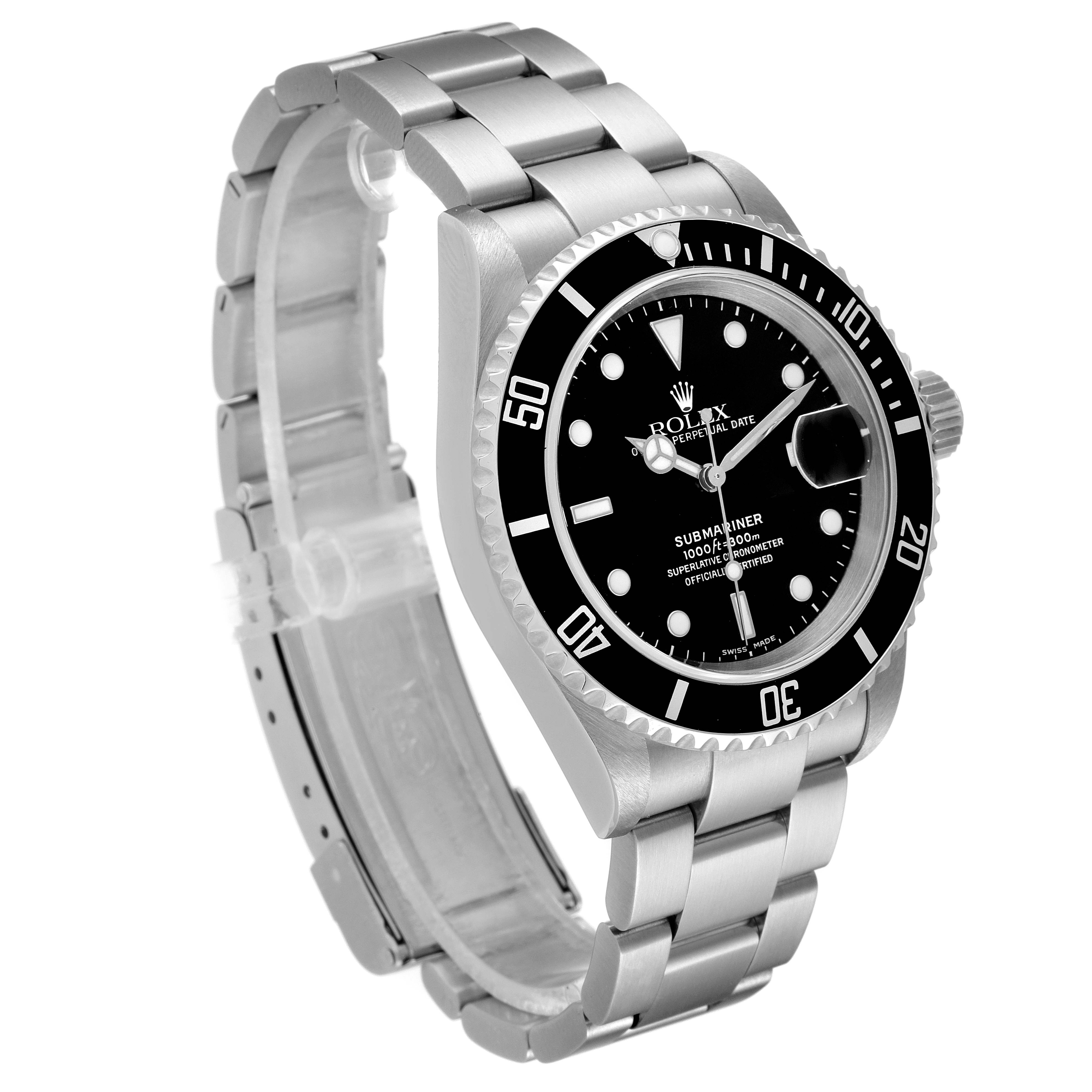 This image shows a Rolex Submariner 16610 Men
s Stainless Steel Black Dial 16610 Men
s Stainless Steel Black Dial watch at a three-quarter angle, revealing the face, bezel, and bracelet.