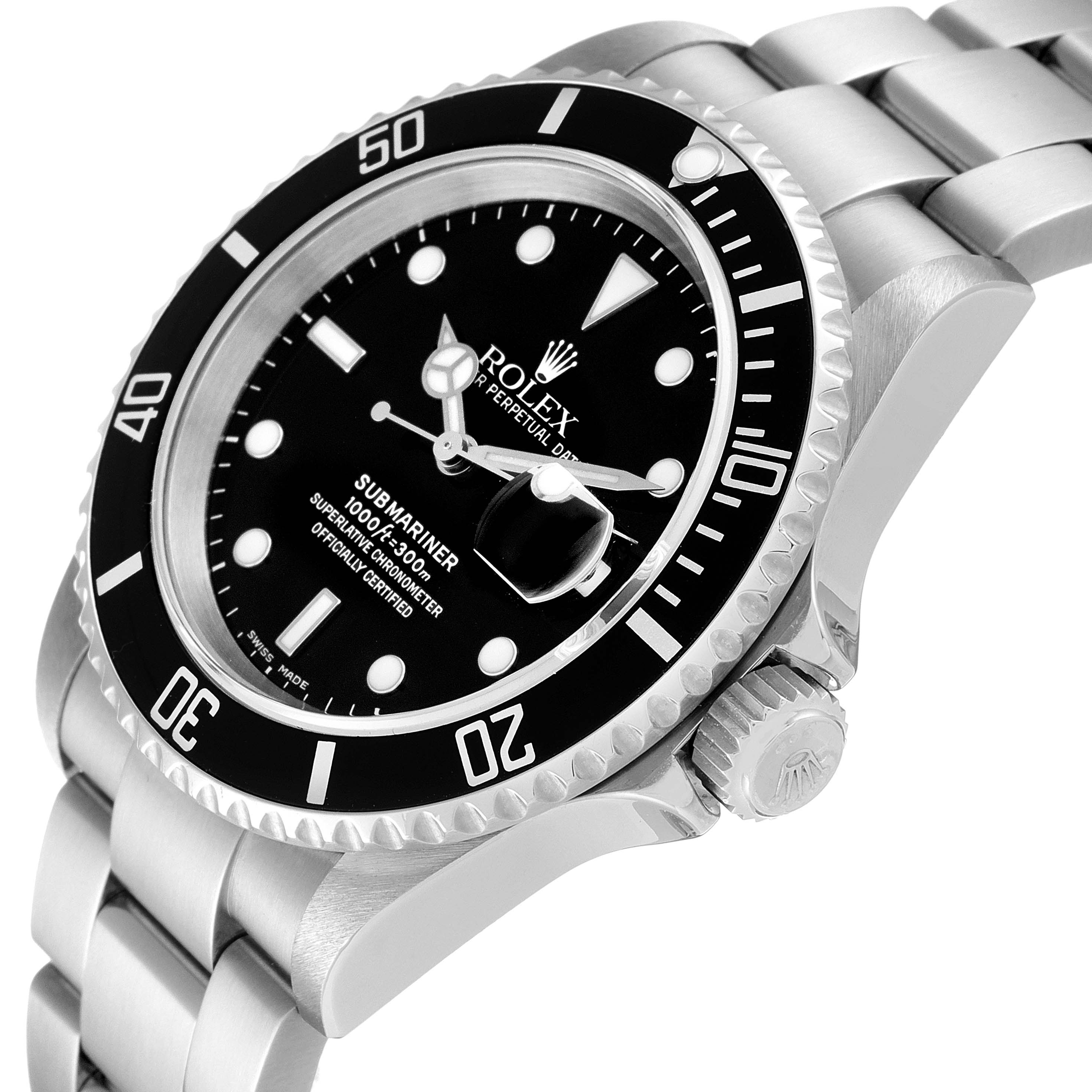The image shows a Rolex Submariner 16610 Men
s Stainless Steel Black Dial 16610 Men
s Stainless Steel Black Dial watch at an angled view displaying the dial, bezel, crown, and bracelet.