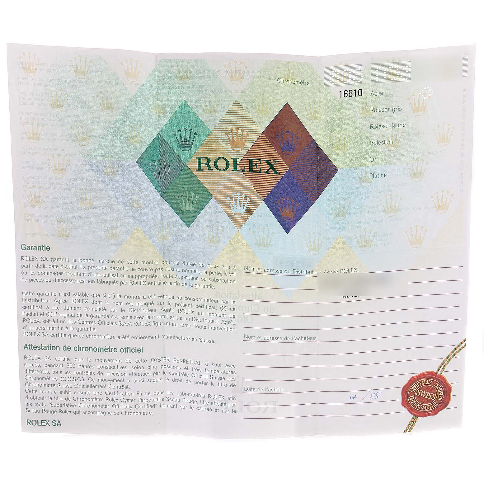 This is a warranty certificate for a Rolex Submariner 16610 Men
s Stainless Steel Black Dial 16610 Men
s Stainless Steel Black Dial model, showcasing details such as model number and official Best Quality
ation marks.