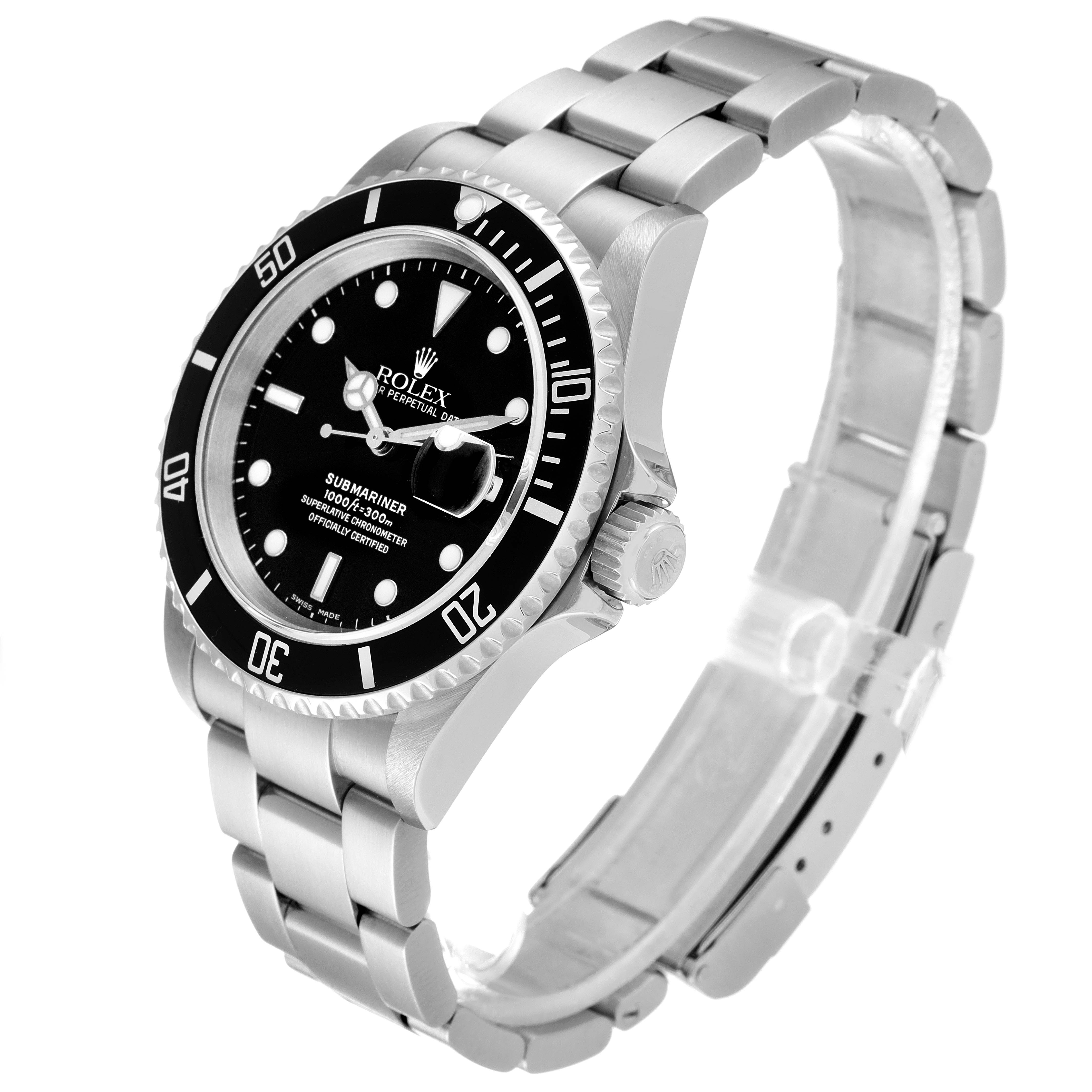 The Rolex Submariner 16610 Men
s Stainless Steel Black Dial 16610 Men
s Stainless Steel Black Dial watch is shown at a slight angle, displaying the face, bezel, crown, and bracelet.