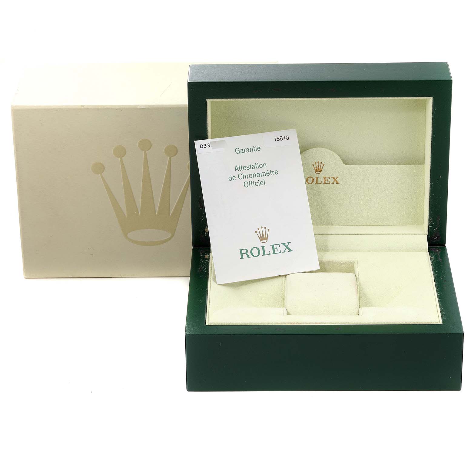 The image shows an open Rolex Submariner 16610 Men
s Stainless Steel Black Dial 16610 Men
s Stainless Steel Black Dial watch box with a certificate of Best Quality
ity and outer packaging.