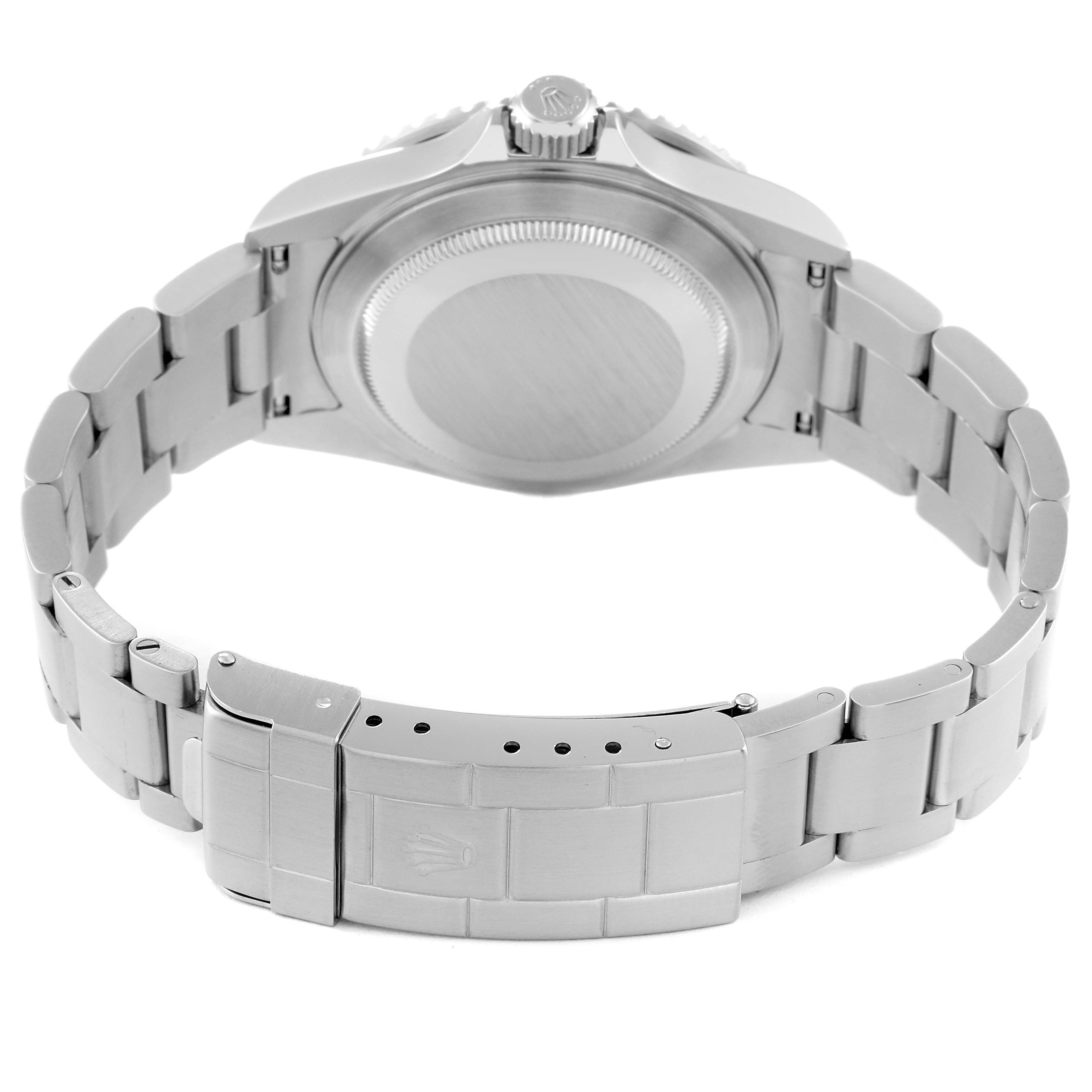 The image shows the back and bracelet of a Rolex Submariner 16610 Men
s Stainless Steel Black Dial 16610 Men
s Stainless Steel Black Dial watch from a rear angle.