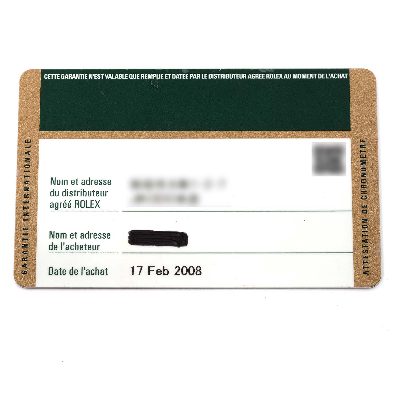 This is a flat lay image of a warranty card for the Rolex Submariner 16610 Men
s Stainless Steel Black Dial 16610 Men
s Stainless Steel Black Dial model, showing purchase details and distributor information.