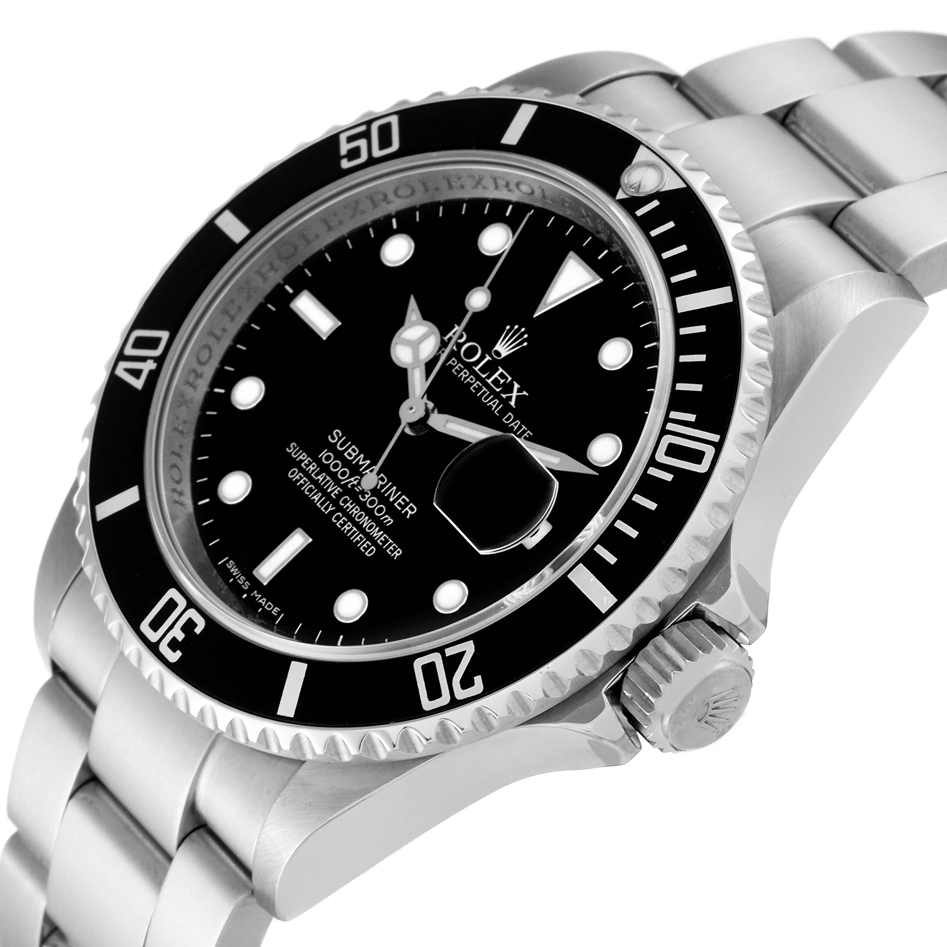 This image shows a close-up angle of the Rolex Submariner 16610 Men
s Stainless Steel Black Dial 16610 Men
s Stainless Steel Black Dial watch, highlighting its face, bezel, and bracelet.
