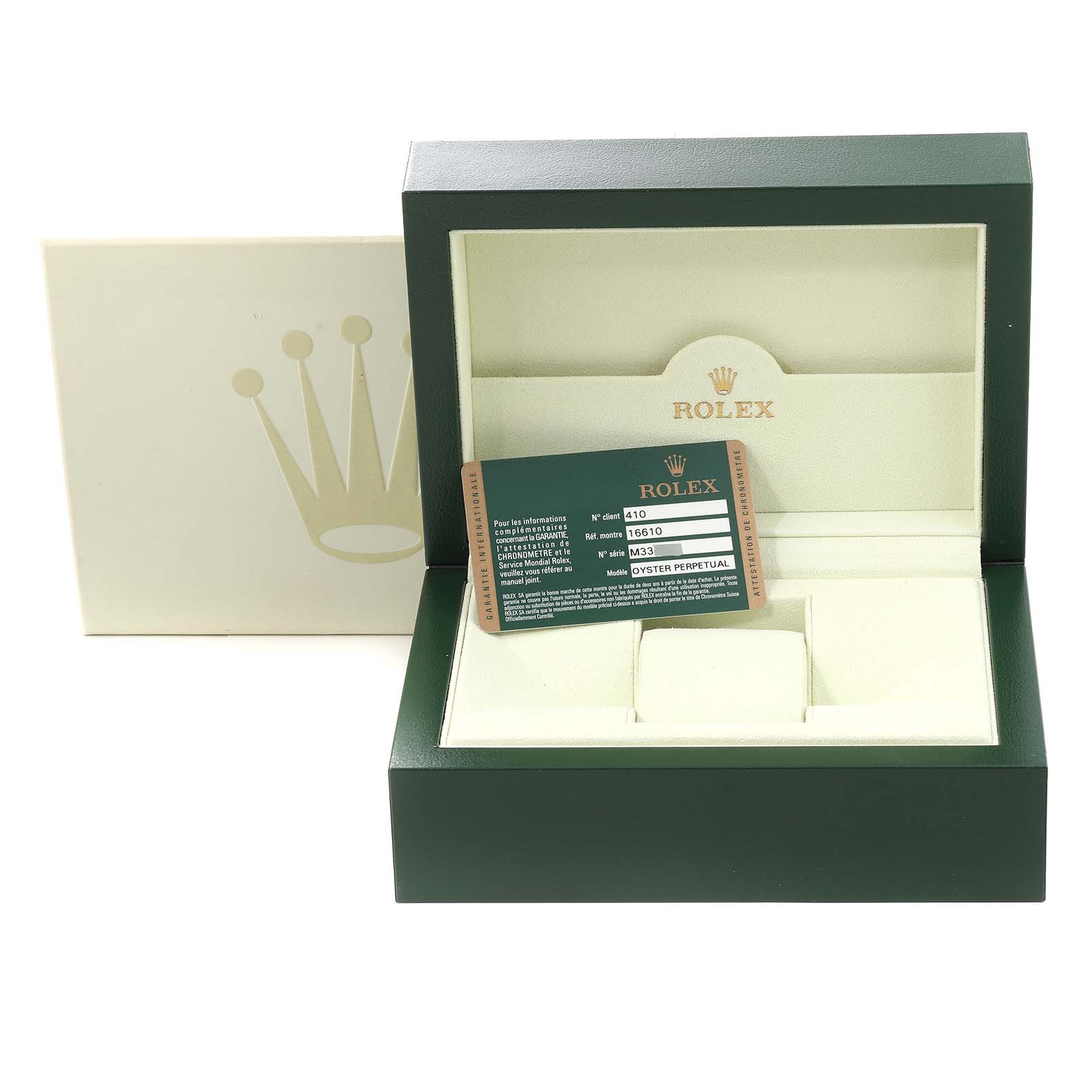 The image shows the packaging, including the box and card, for a Rolex Submariner 16610 Men
s Stainless Steel Black Dial 16610 Men
s Stainless Steel Black Dial watch.