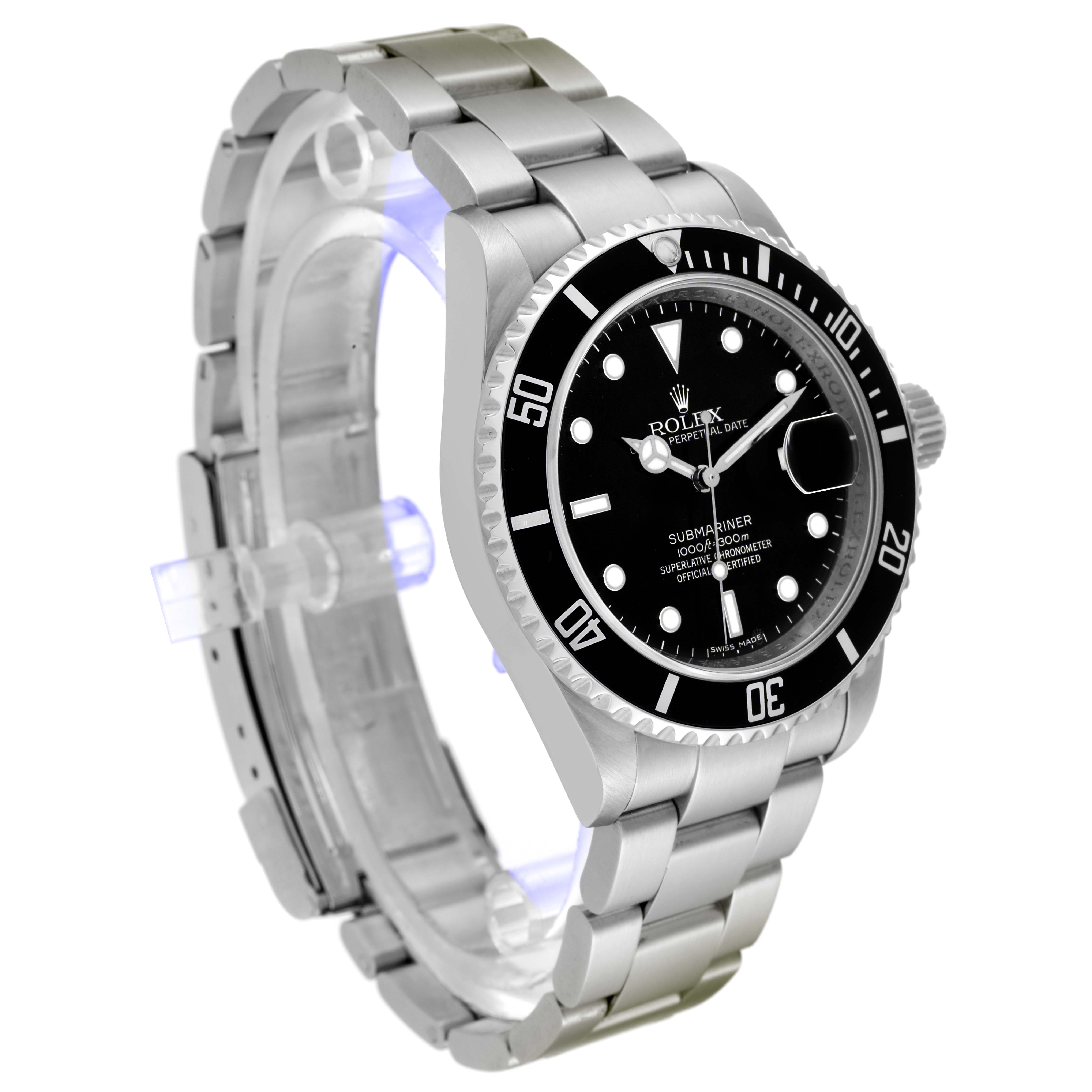 The Rolex Submariner 16610 Men
s Stainless Steel Black Dial 16610 Men
s Stainless Steel Black Dial watch is shown at an angled side view, highlighting the bezel, dial, and bracelet.