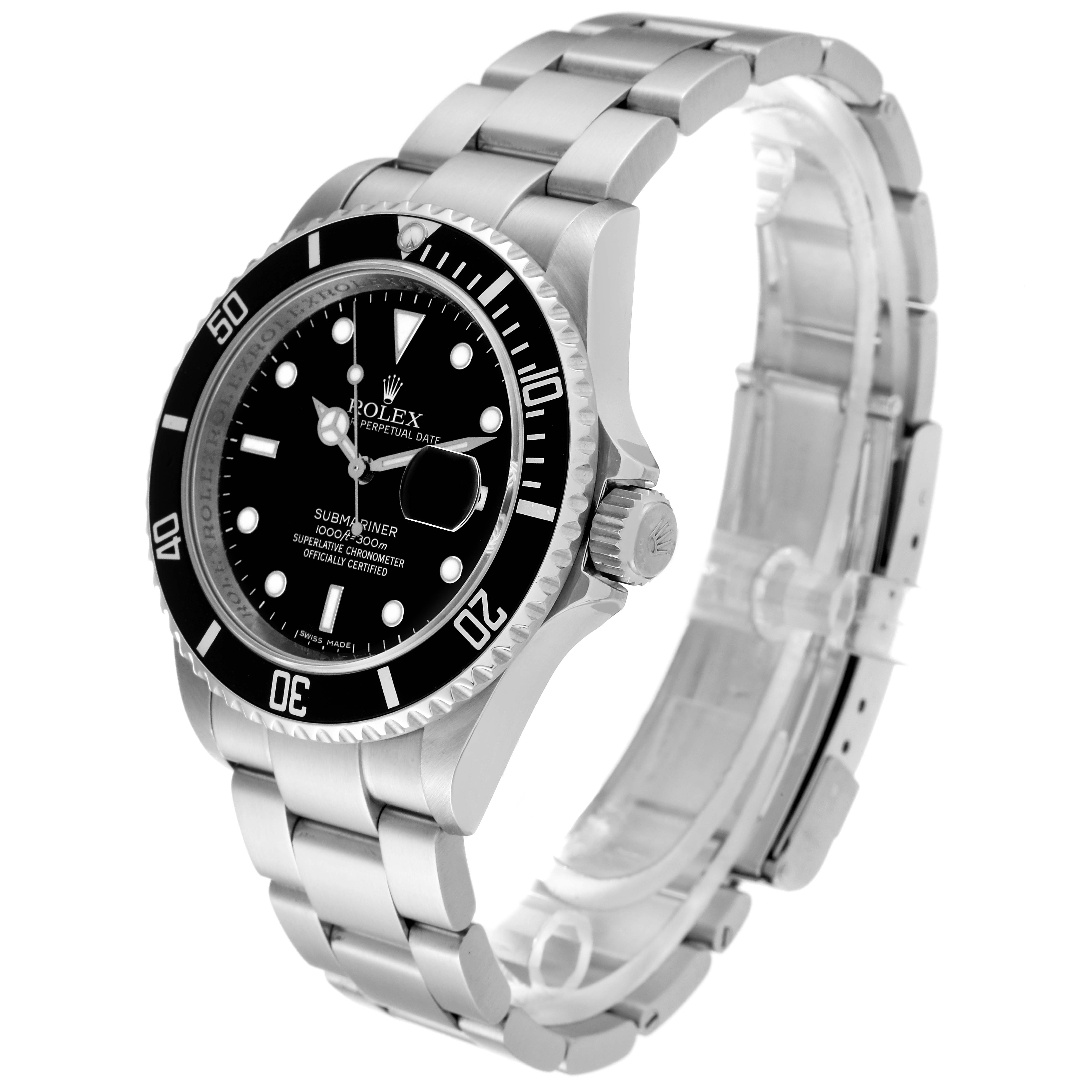 The image shows a Rolex Submariner 16610 Men
s Stainless Steel Black Dial 16610 Men
s Stainless Steel Black Dial watch at a three-quarter angle, highlighting the dial, bezel, crown, and bracelet.