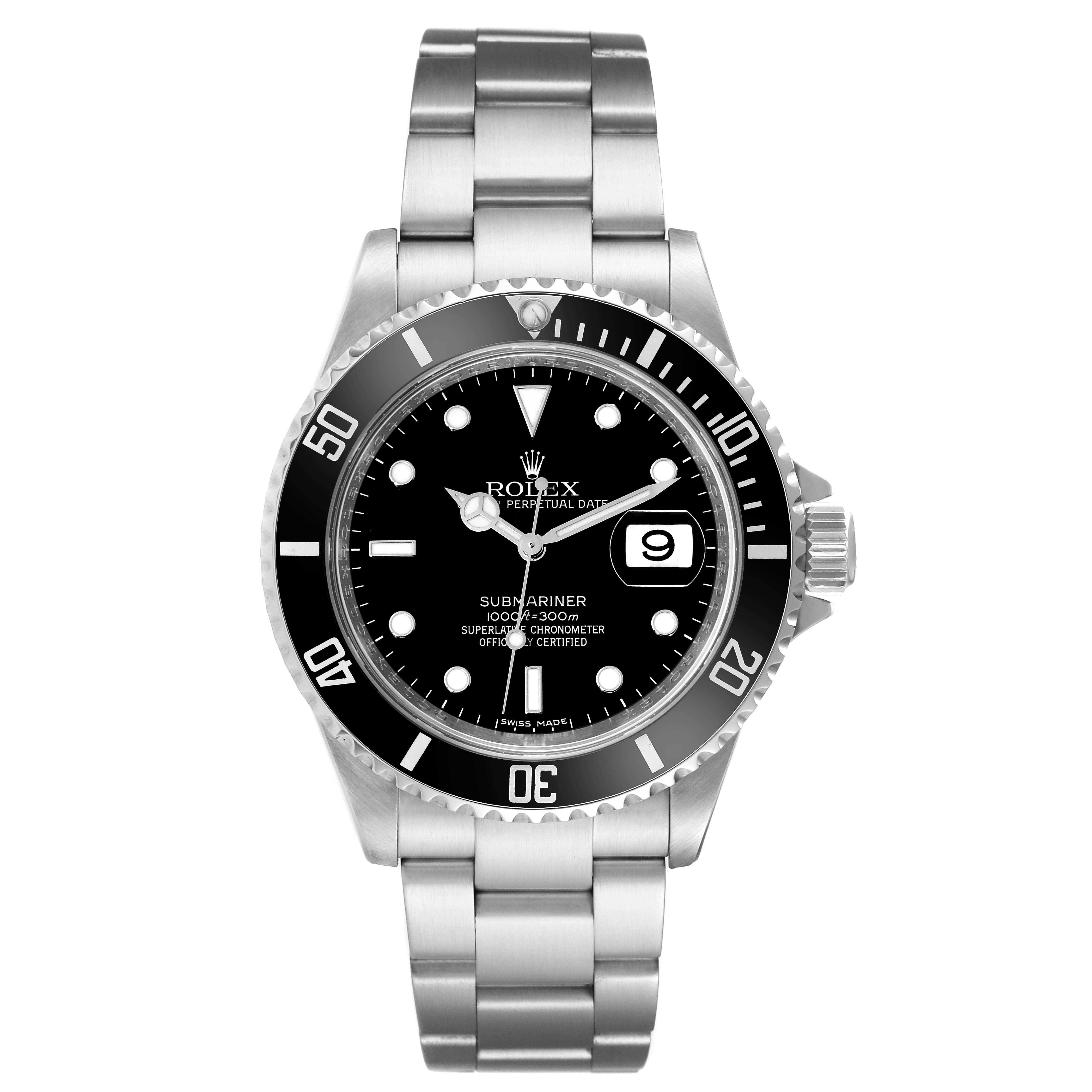 The image shows a front view of a Rolex Submariner 16610 Men
s Stainless Steel Black Dial 16610 Men
s Stainless Steel Black Dial, displaying the face, bezel, and full bracelet.