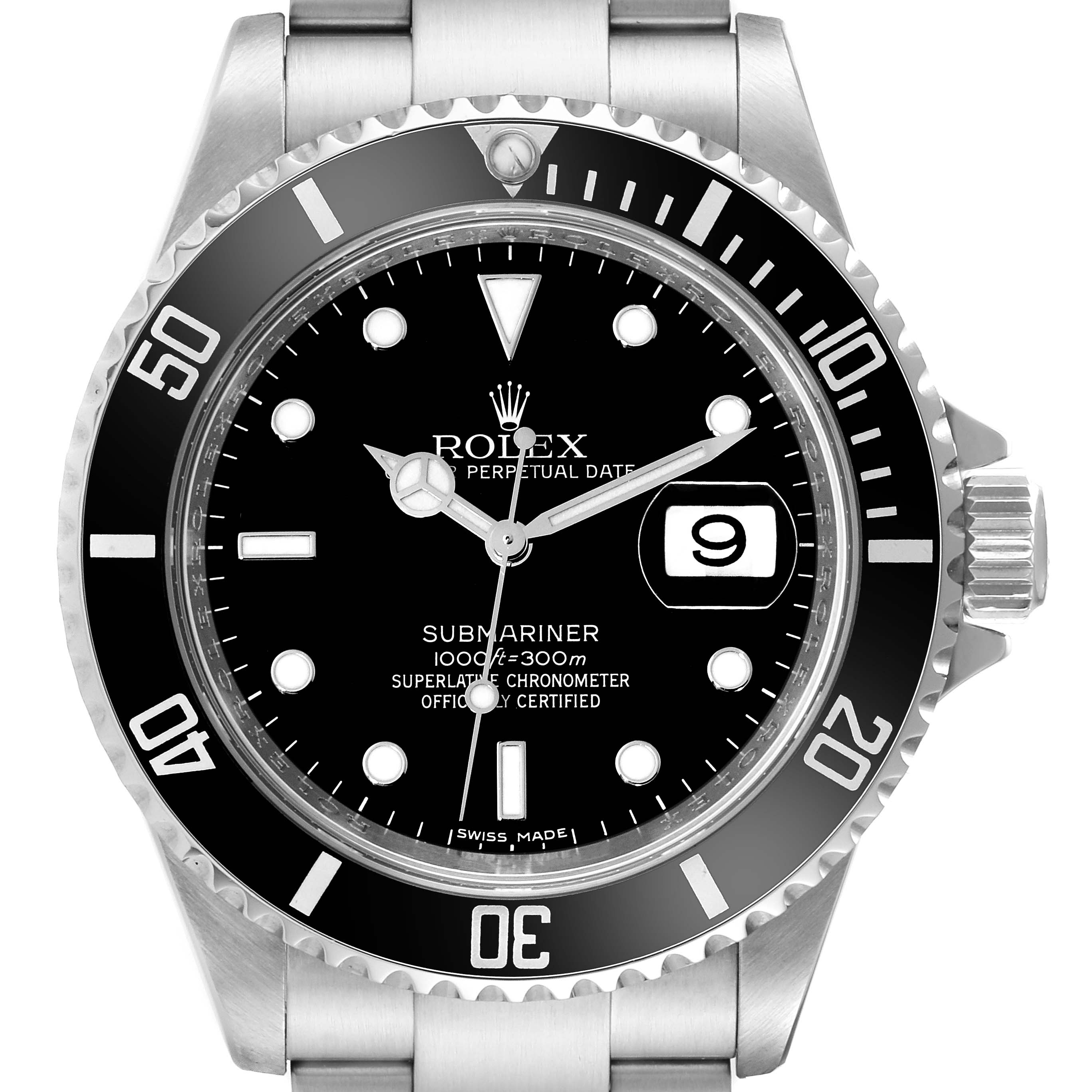 This image shows a frontal view of the Rolex Submariner 16610 Men
s Stainless Steel Black Dial 16610 Men
s Stainless Steel Black Dial watch featuring the bezel, dial, hands, date window, and bracelet.