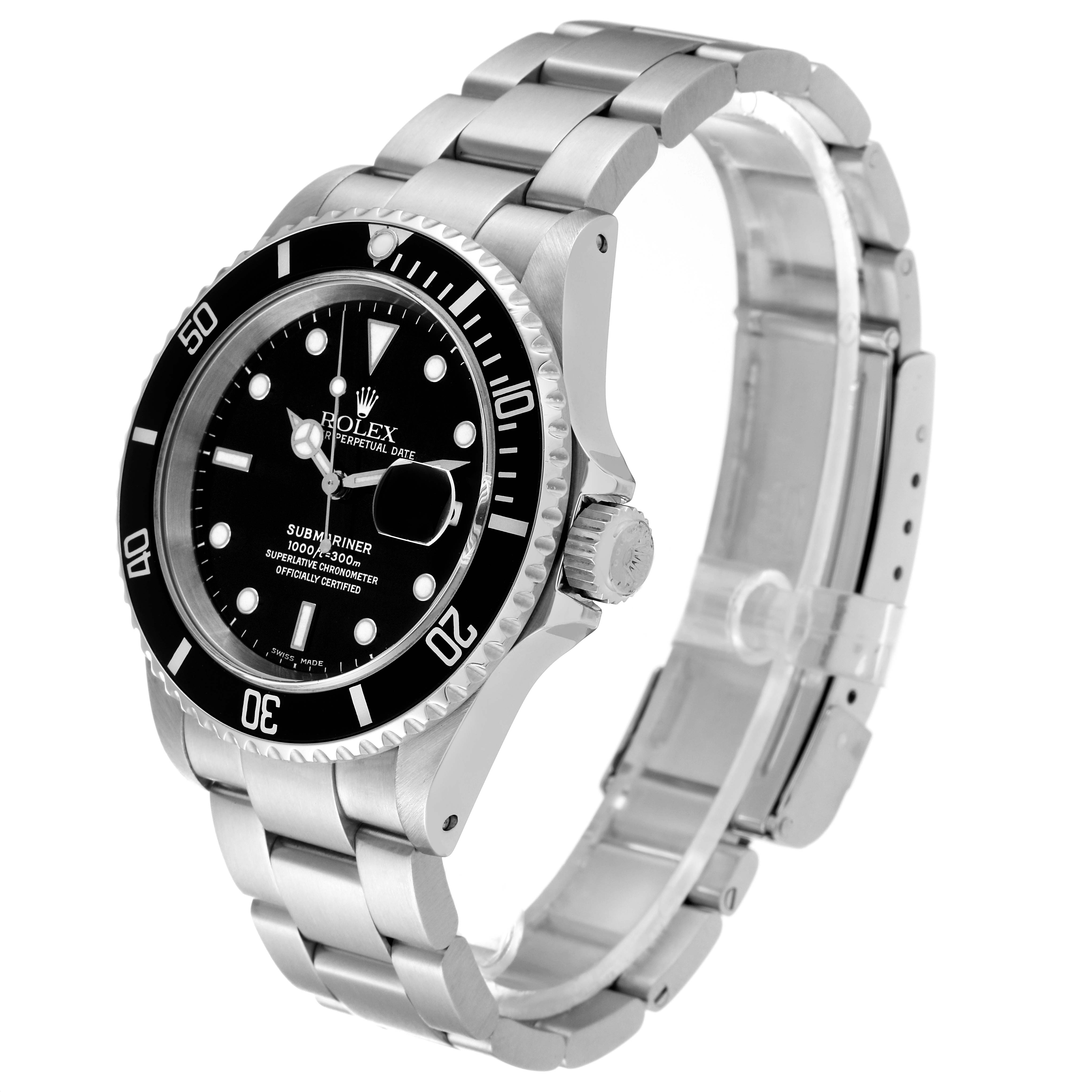 The Rolex Submariner 16610 Men
s Stainless Steel Black Dial 16610 Men
s Stainless Steel Black Dial watch is shown at a slight side angle, showcasing its bezel, dial, crown, and metal bracelet.
