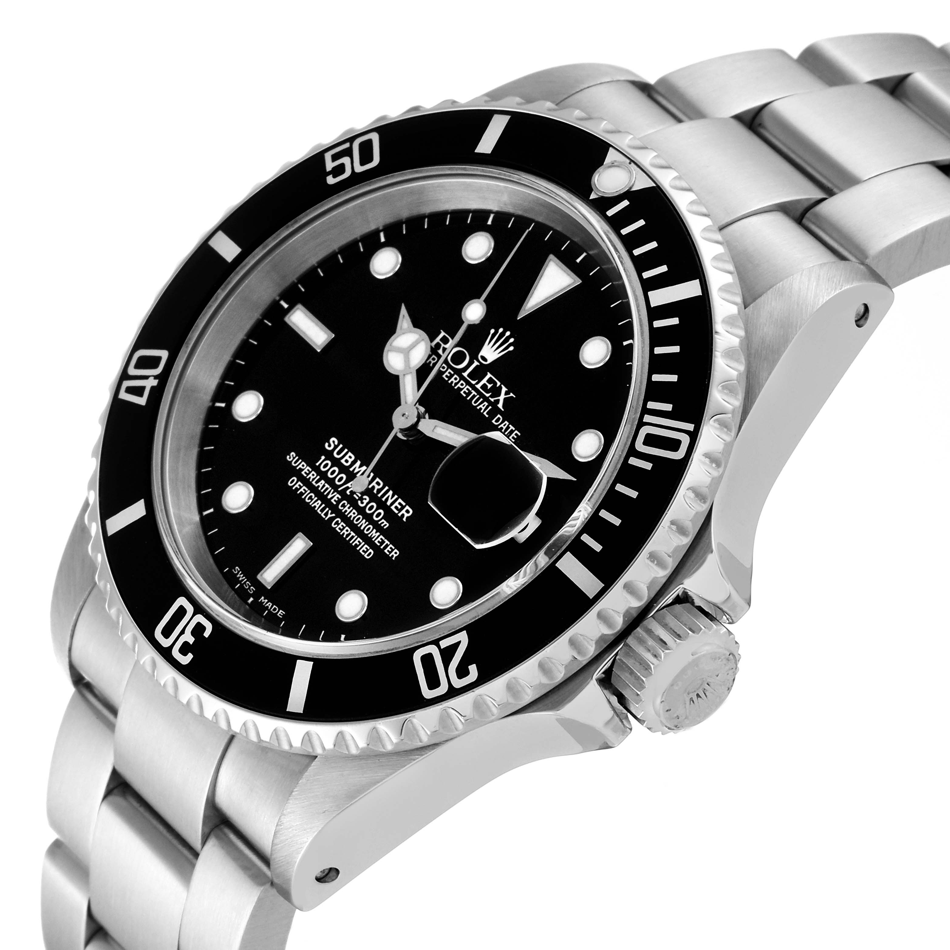 This image shows a side angle of the Rolex Submariner 16610 Men
s Stainless Steel Black Dial 16610 Men
s Stainless Steel Black Dial watch, highlighting the bezel, dial, crown, and bracelet.