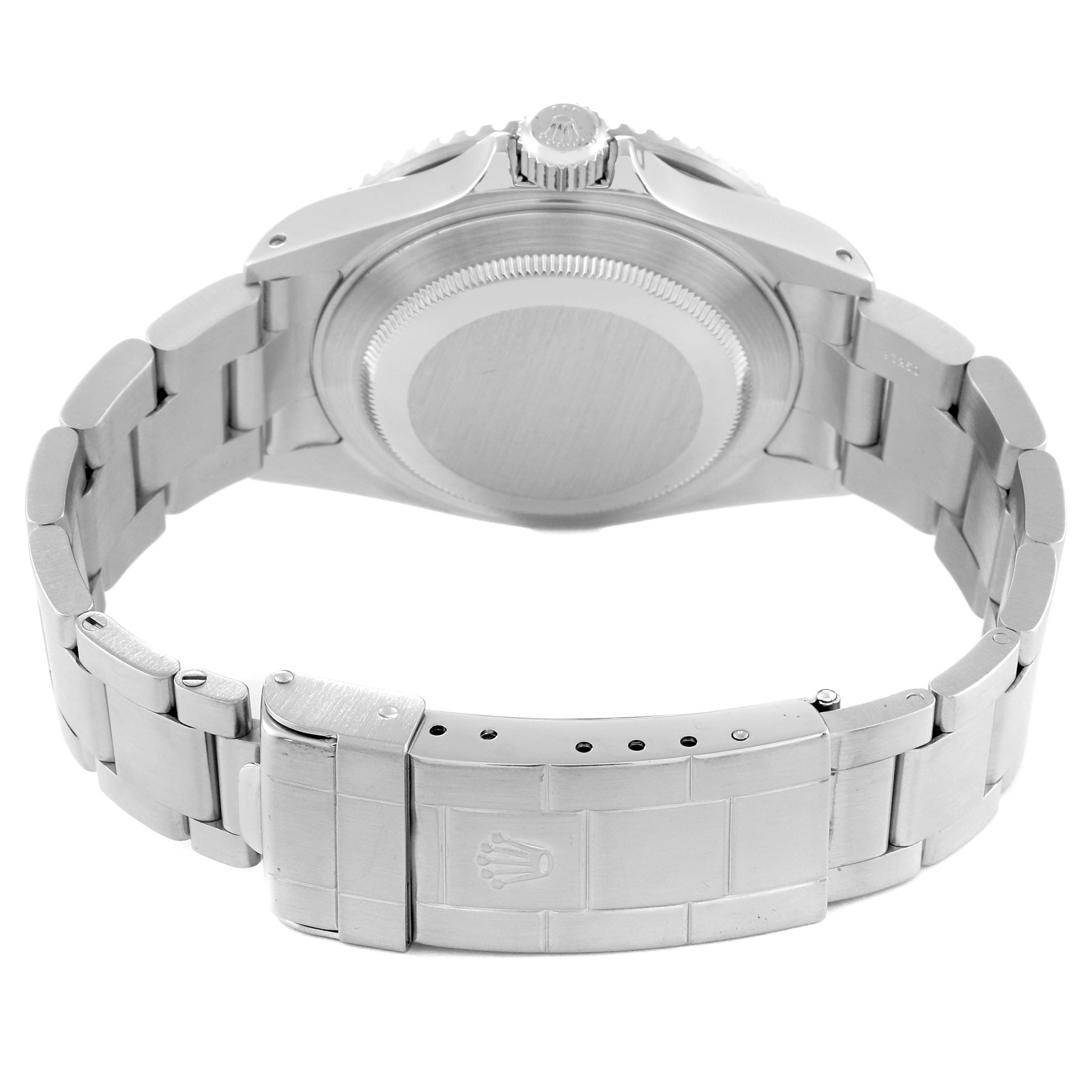 This image shows the back case and bracelet clasp of a Rolex Submariner 16610 Men
s Stainless Steel Black Dial 16610 Men
s Stainless Steel Black Dial watch from a rear angle.