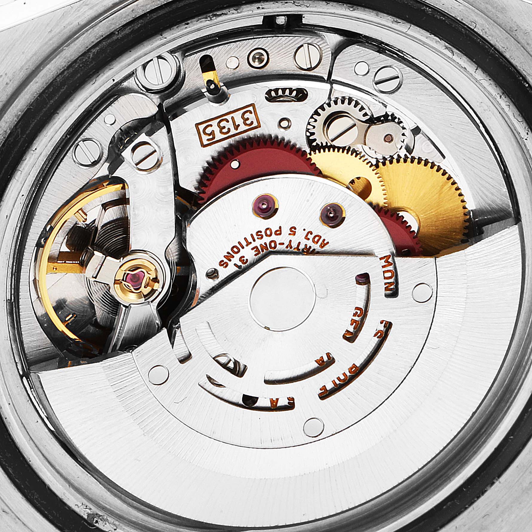 This close-up shot shows the internal mechanism of a Rolex Submariner 16613 Men's Steel and Gold (two tone) Blue Dial 16613 Men's Steel and Gold (two tone) Blue Dial watch, highlighting gears and parts of its movement.