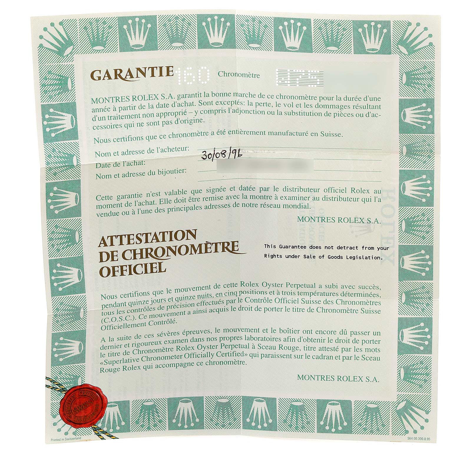 The image shows the official warranty and chronometer certification for a Rolex Submariner 16613 Men's Steel and Gold (two tone) Blue Dial 16613 Men's Steel and Gold (two tone) Blue Dial watch.