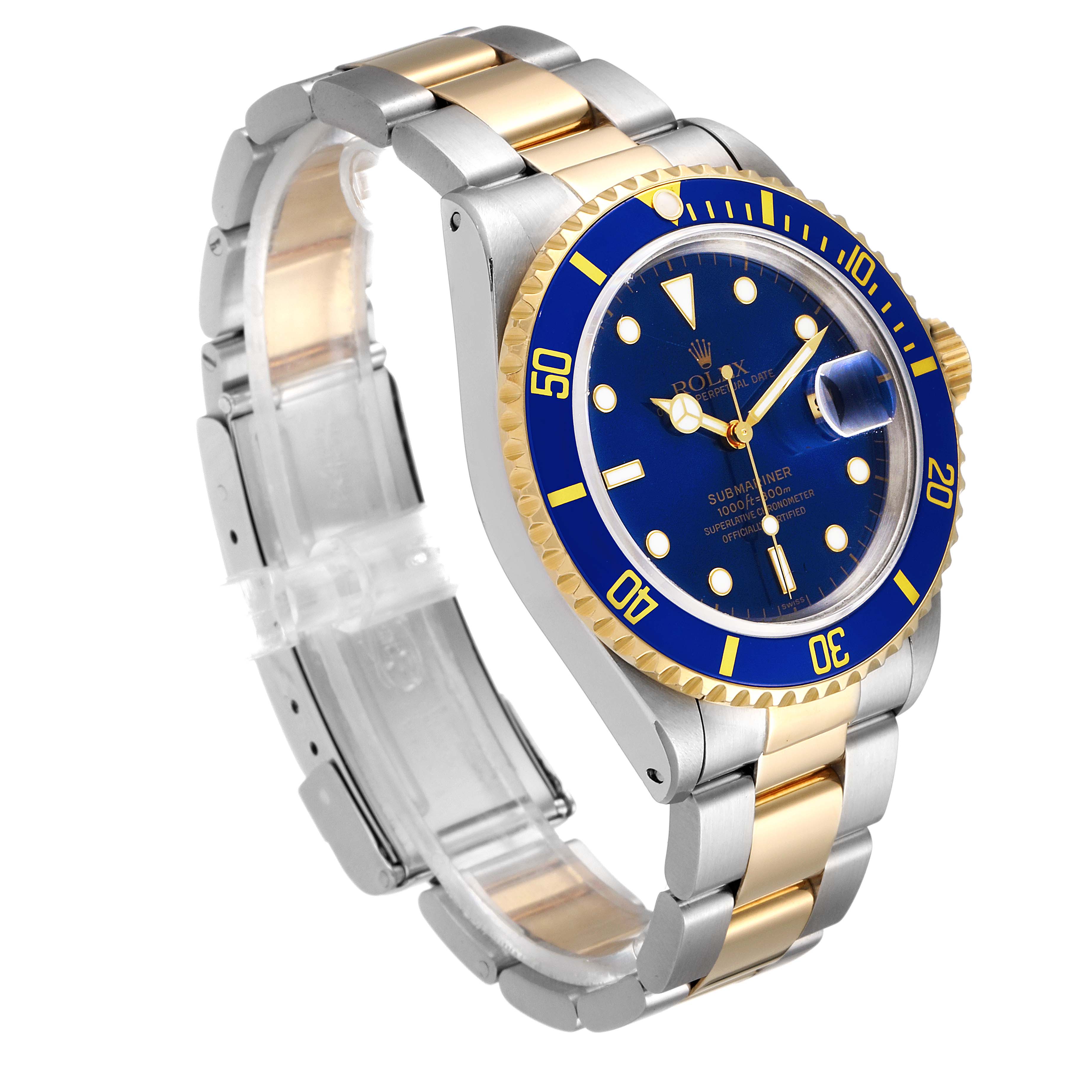 The image shows a side-angle view of a Rolex Submariner 16613 Men's Steel and Gold (two tone) Blue Dial 16613 Men's Steel and Gold (two tone) Blue Dial watch, highlighting its blue dial, bezel, and two-tone metal band.
