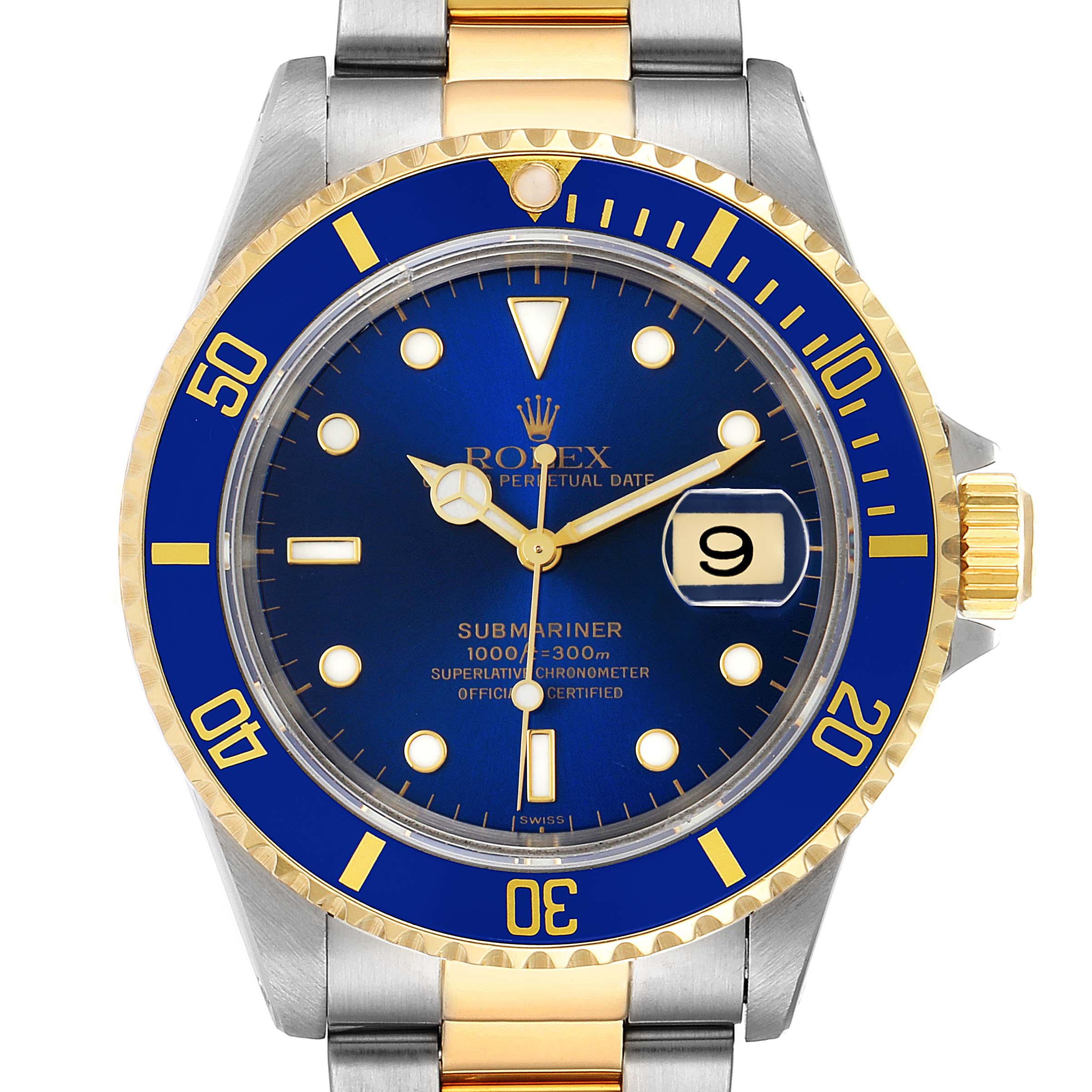The image shows a front view of the Rolex Submariner 16613 Men's Steel and Gold (two tone) Blue Dial 16613 Men's Steel and Gold (two tone) Blue Dial watch, highlighting its blue bezel, blue dial, and mixed metal bracelet.
