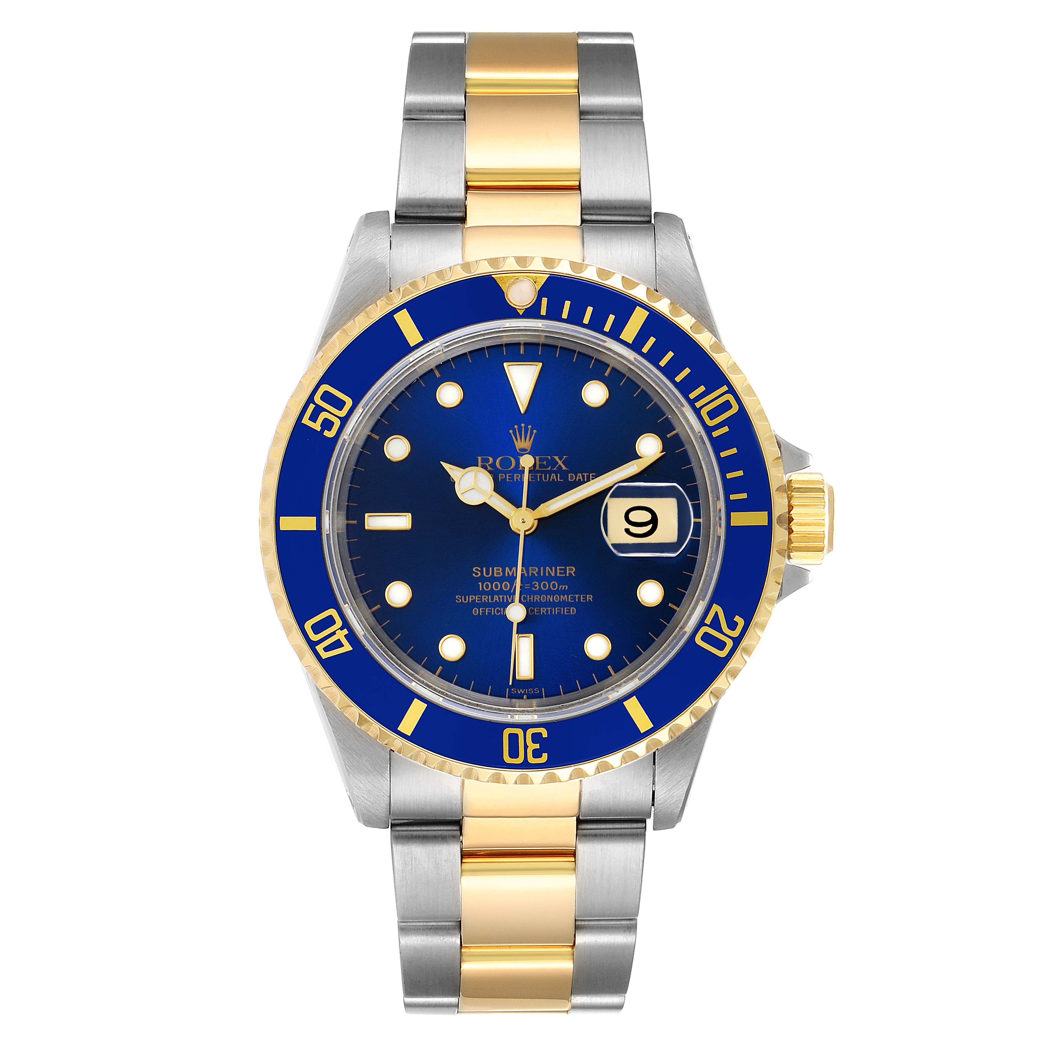 The image shows a Rolex Submariner 16613 Men's Steel and Gold (two tone) Blue Dial 16613 Men's Steel and Gold (two tone) Blue Dial watch front view featuring a blue dial, date display, and a two-tone metal band.