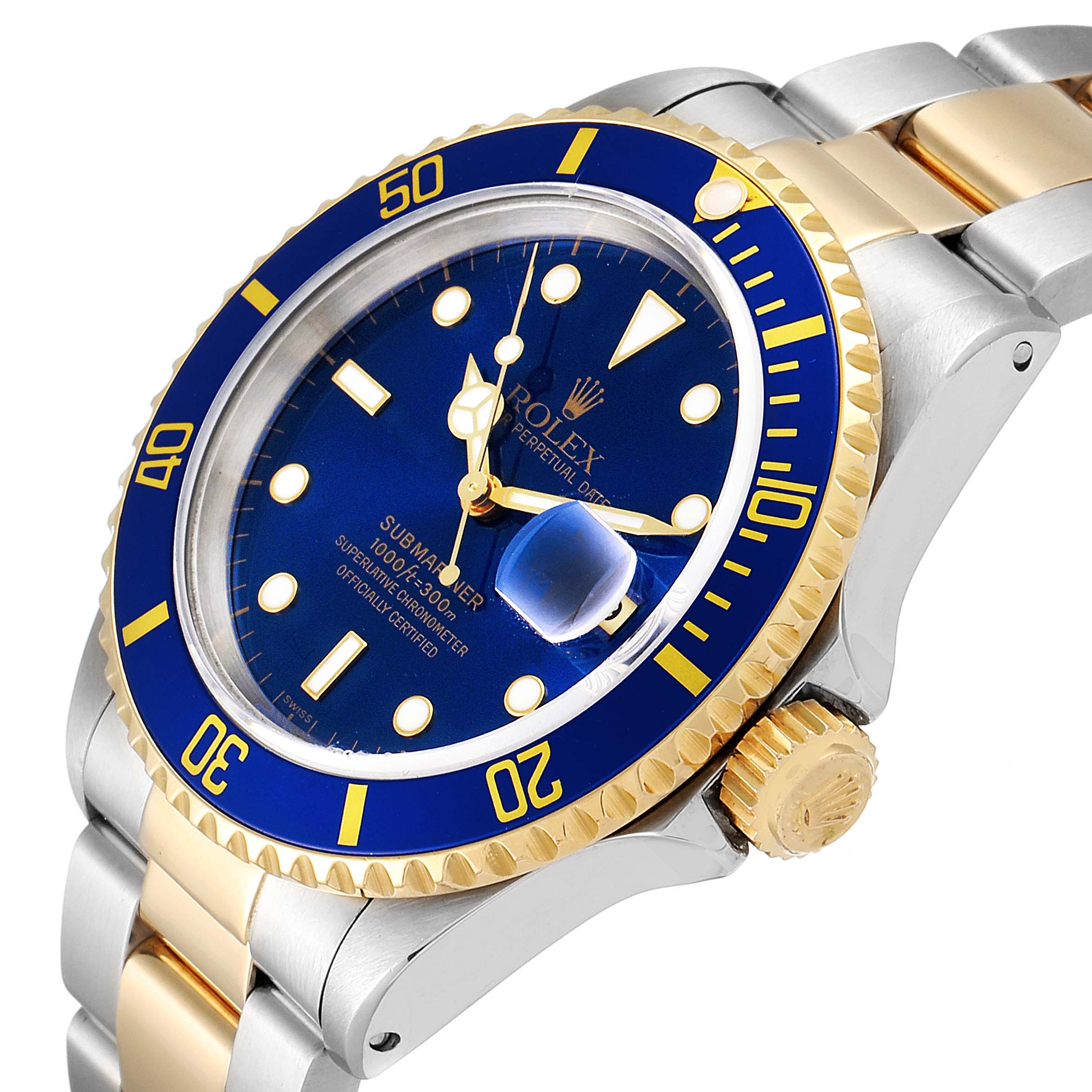This image shows a Rolex Submariner 16613 Men's Steel and Gold (two tone) Blue Dial 16613 Men's Steel and Gold (two tone) Blue Dial watch at an angled side view, displaying its blue and gold bezel, dial, and two-tone bracelet.