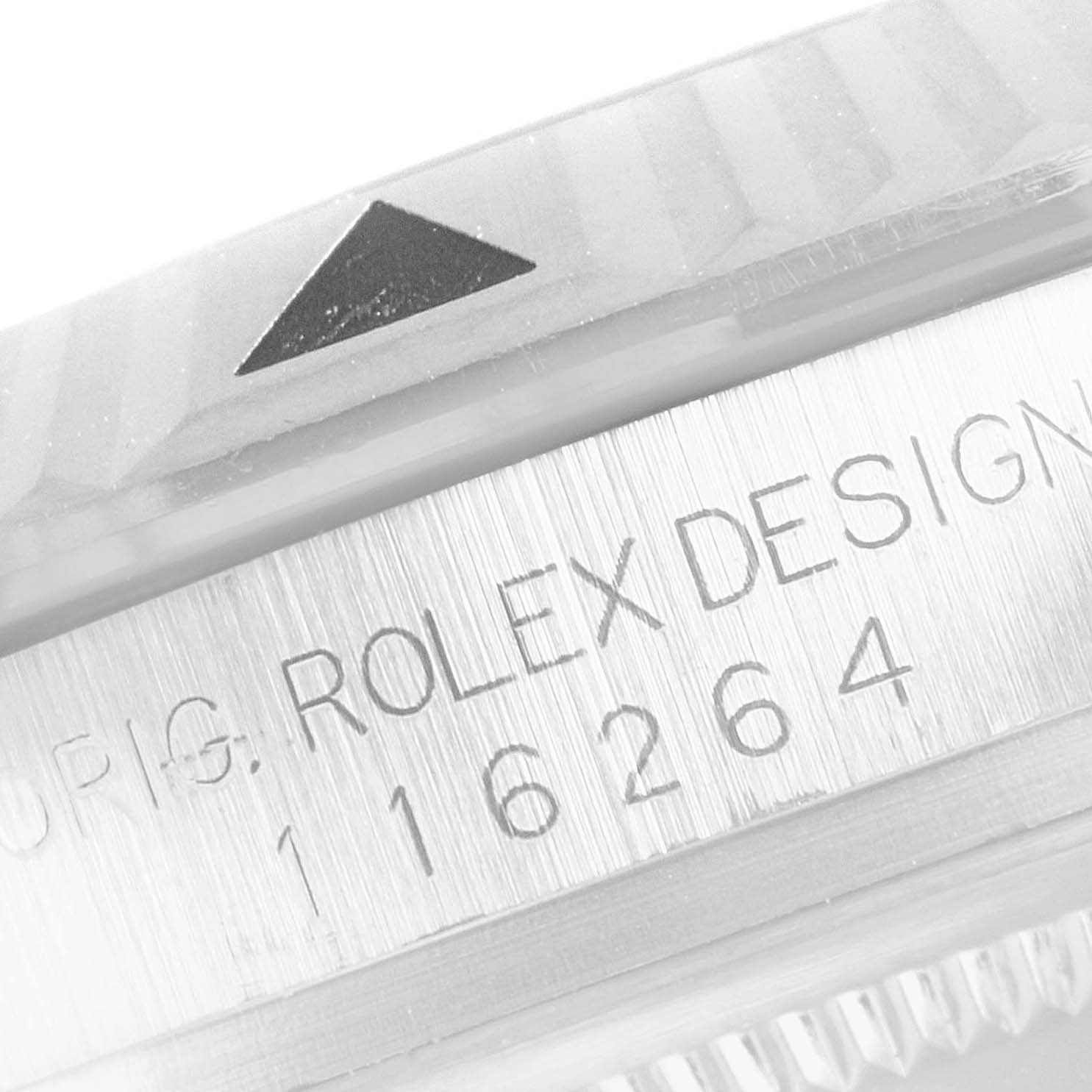 This image shows a close-up of the engraved bezel and model number on a Rolex Turn-o-Graph 116264 Men
s Stainless Steel White Dial 116264 Men
s Stainless Steel White Dial watch.