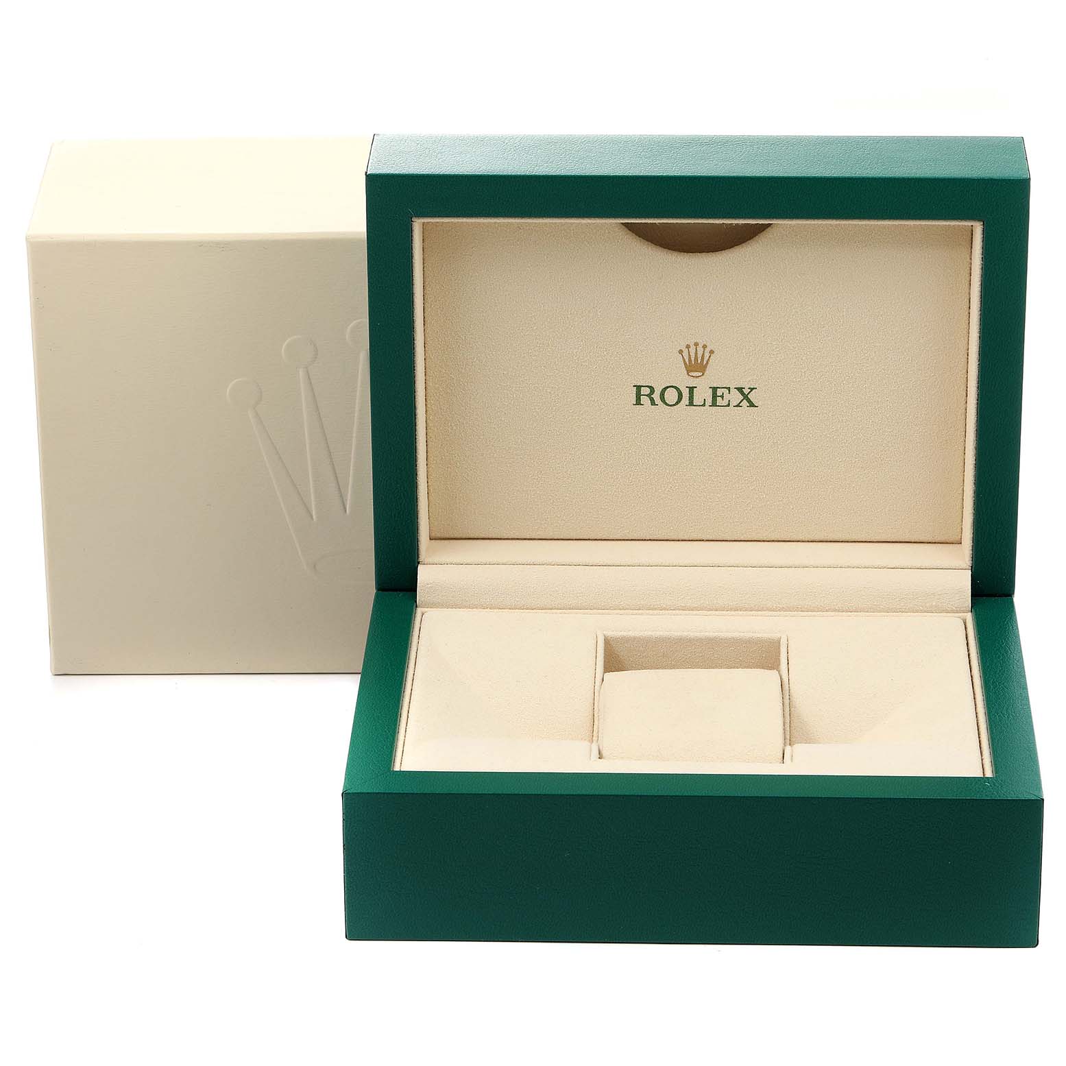 The image shows an open green and beige Rolex box for the Turn-o-Graph model, with compartments for the watch and accessories.