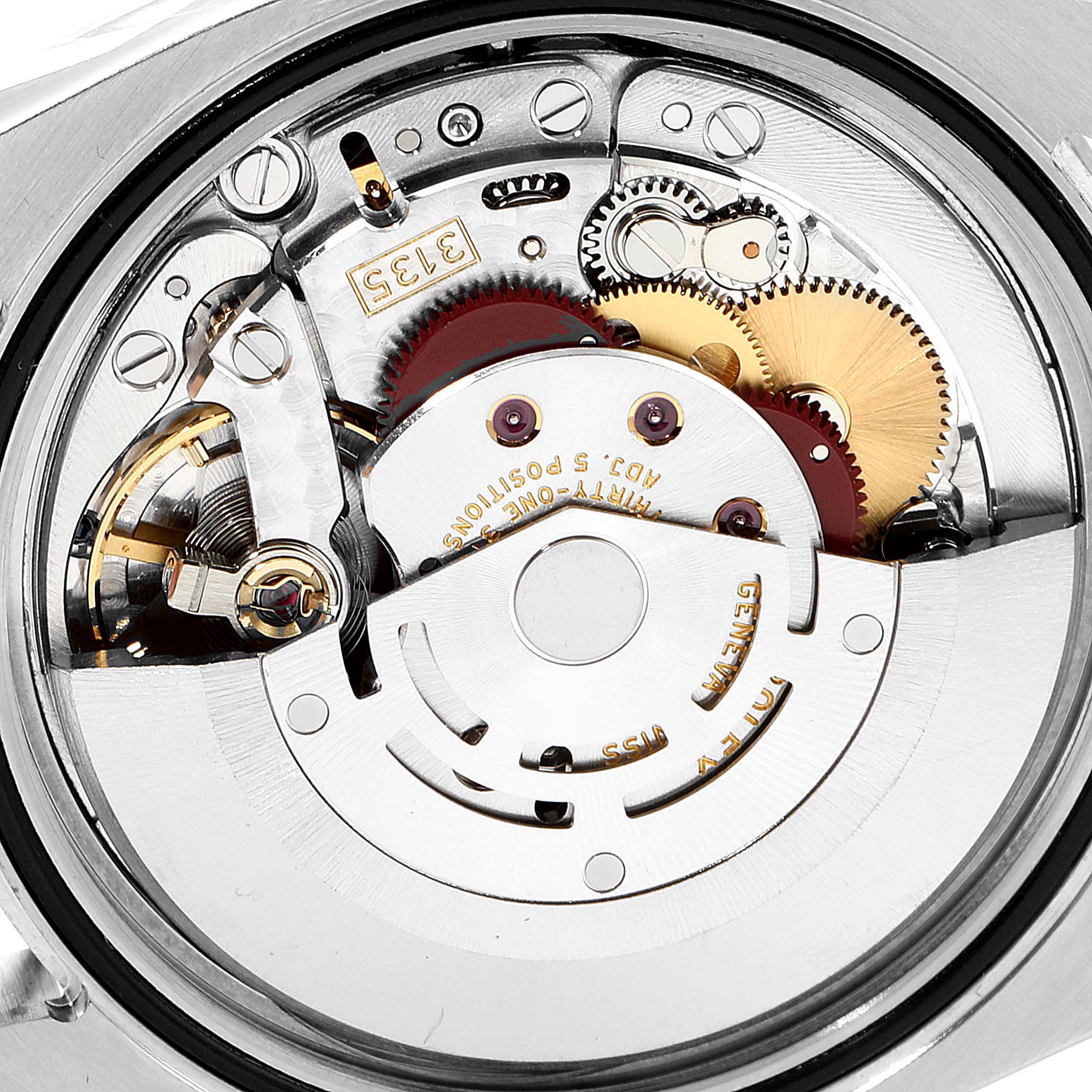 This image shows the intricate movement mechanism of a Rolex Turn-o-Graph 116264 Men
s Stainless Steel White Dial 116264 Men
s Stainless Steel White Dial watch from a back angle.