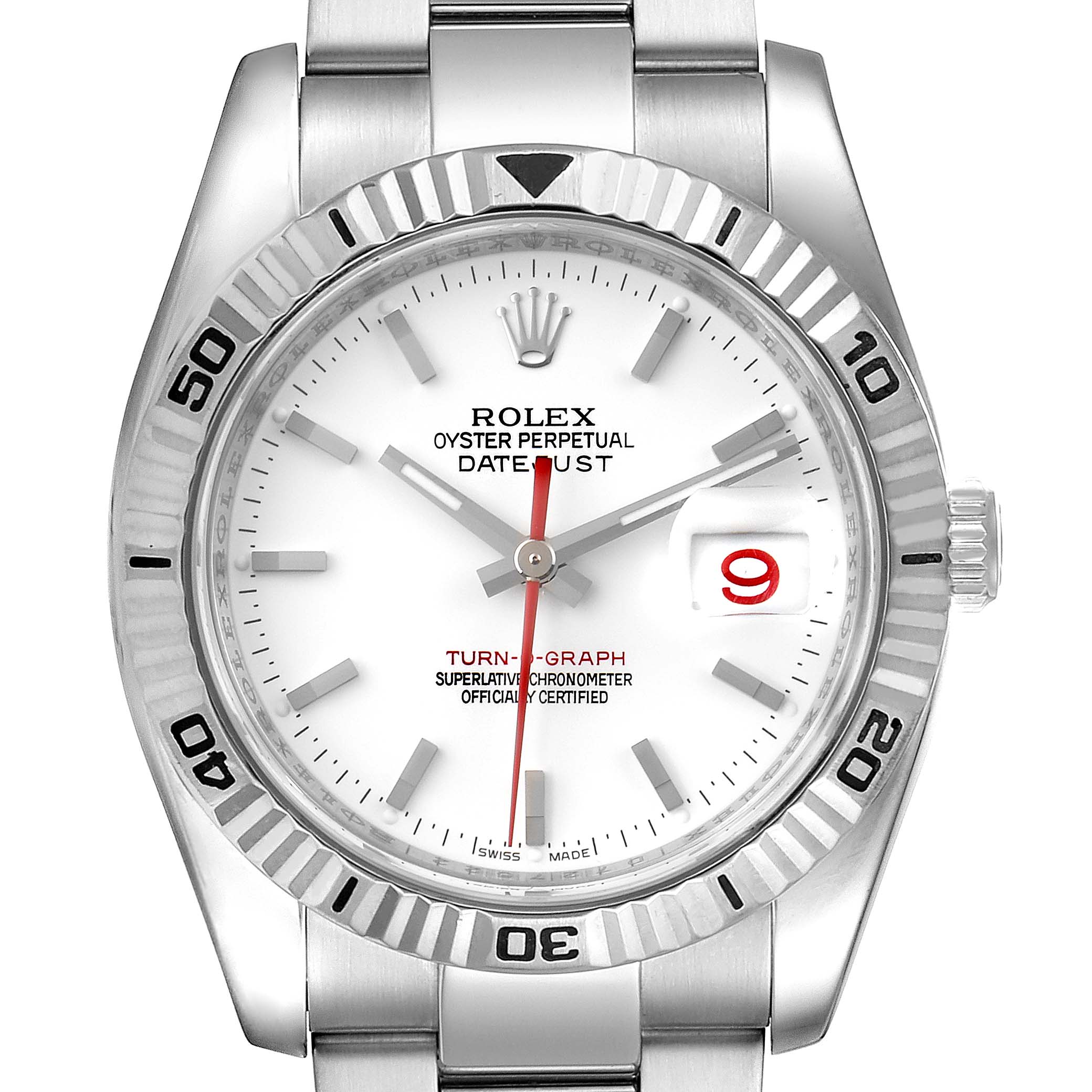 The image shows a front view of a Rolex Turn-o-Graph 116264 Men
s Stainless Steel White Dial 116264 Men
s Stainless Steel White Dial watch, displaying its dial, bezel, and part of the bracelet.