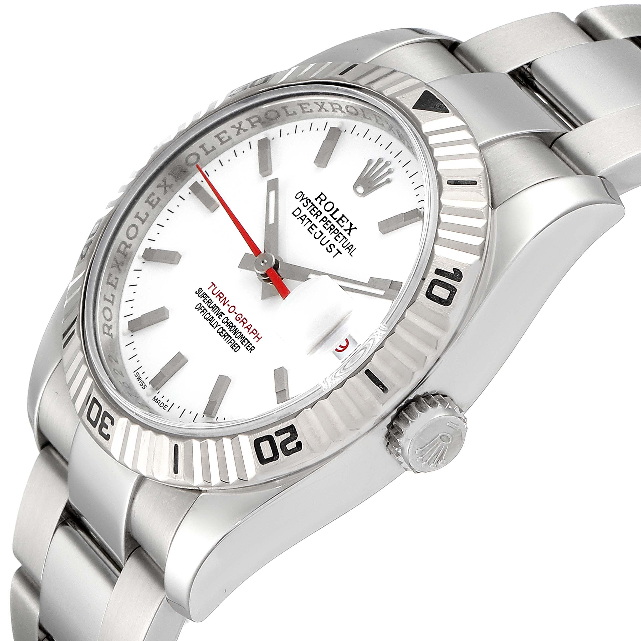 The image shows a side angle of the Rolex Turn-o-Graph 116264 Men
s Stainless Steel White Dial 116264 Men
s Stainless Steel White Dial watch, displaying the bezel, dial, crown, and stainless steel bracelet.