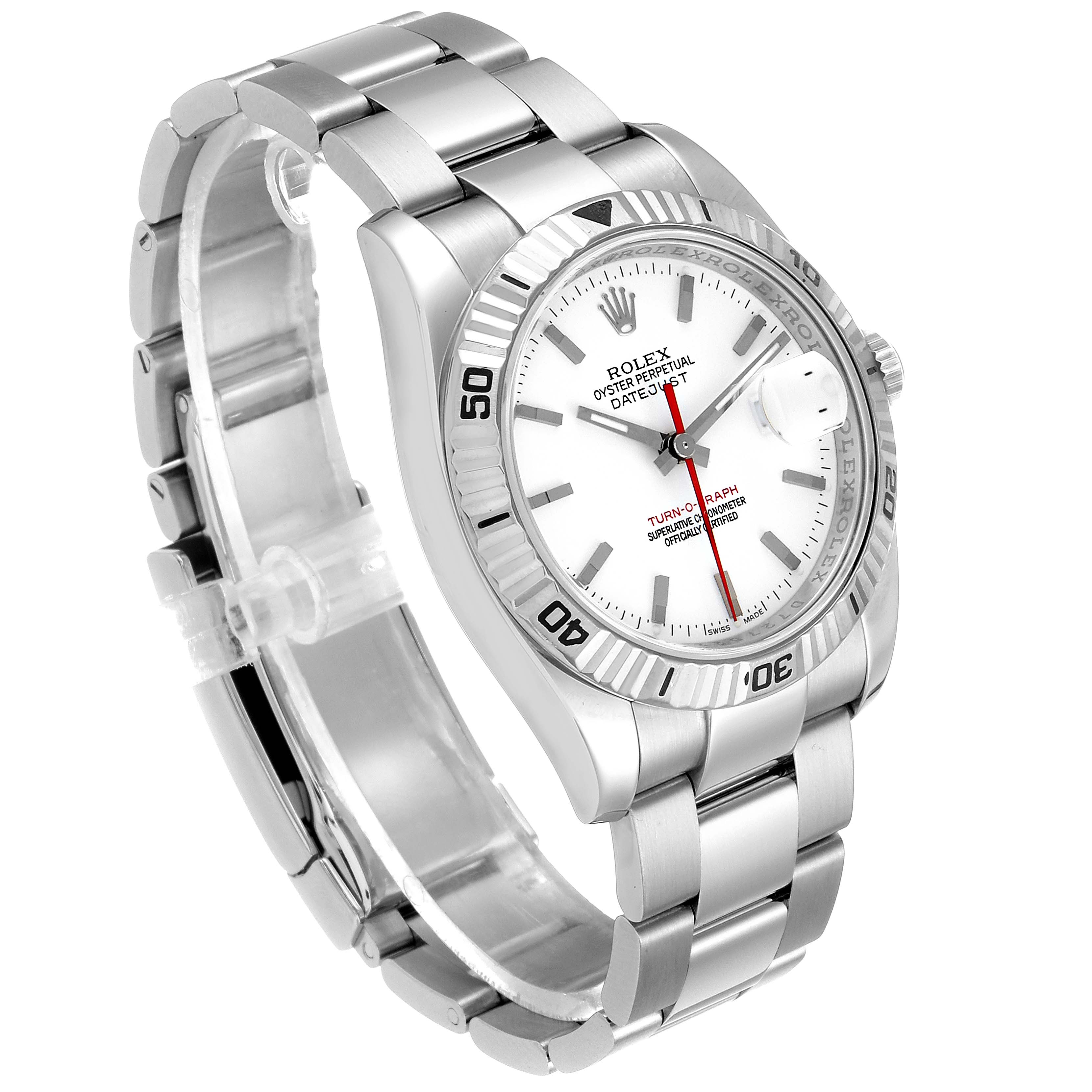 The image shows a side and front angle of a Rolex Turn-o-Graph 116264 Men
s Stainless Steel White Dial 116264 Men
s Stainless Steel White Dial watch, featuring its stainless steel bracelet and white dial.