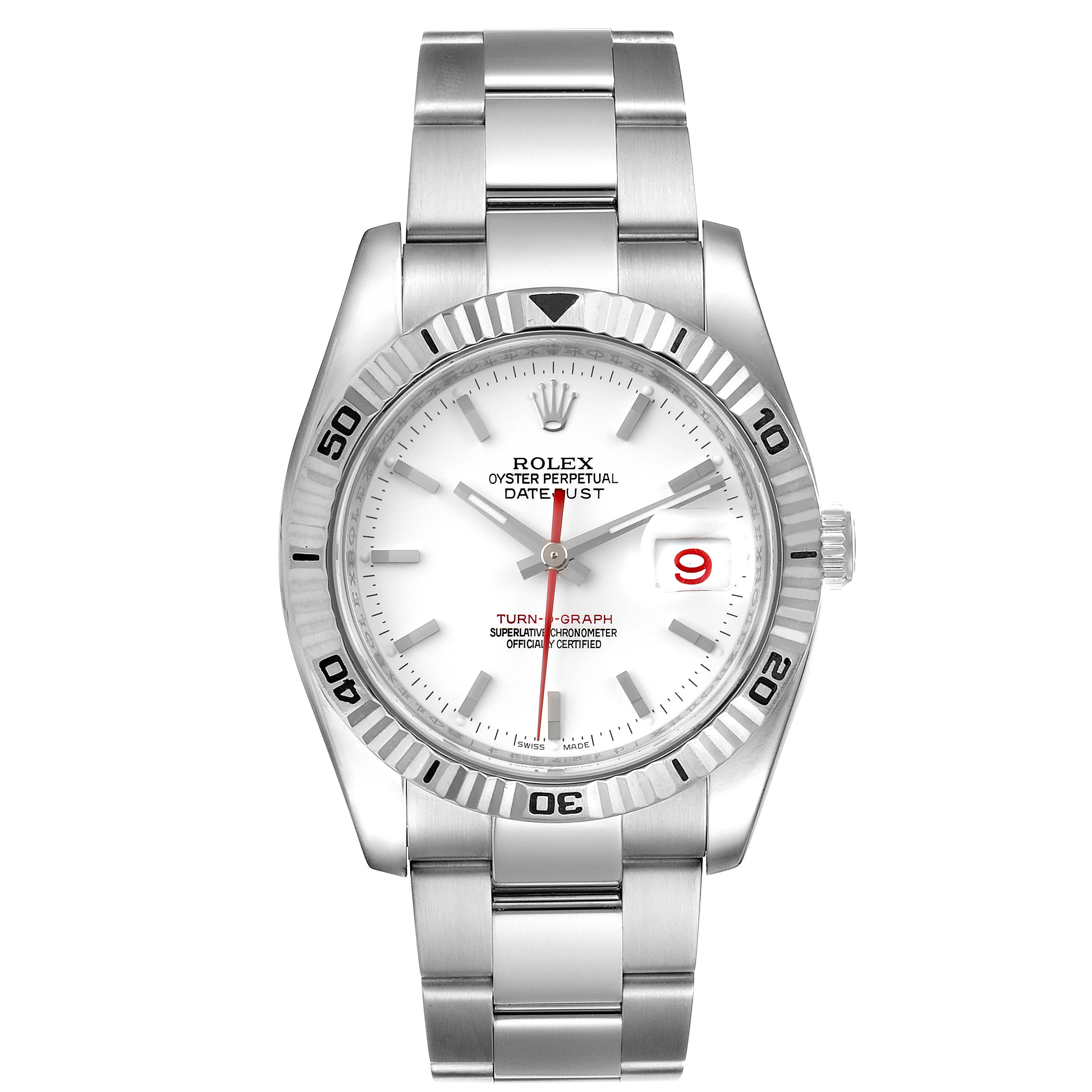 The image shows a front view of the Rolex Turn-o-Graph 116264 Men
s Stainless Steel White Dial 116264 Men
s Stainless Steel White Dial watch, displaying the dial, bezel, and bracelet.