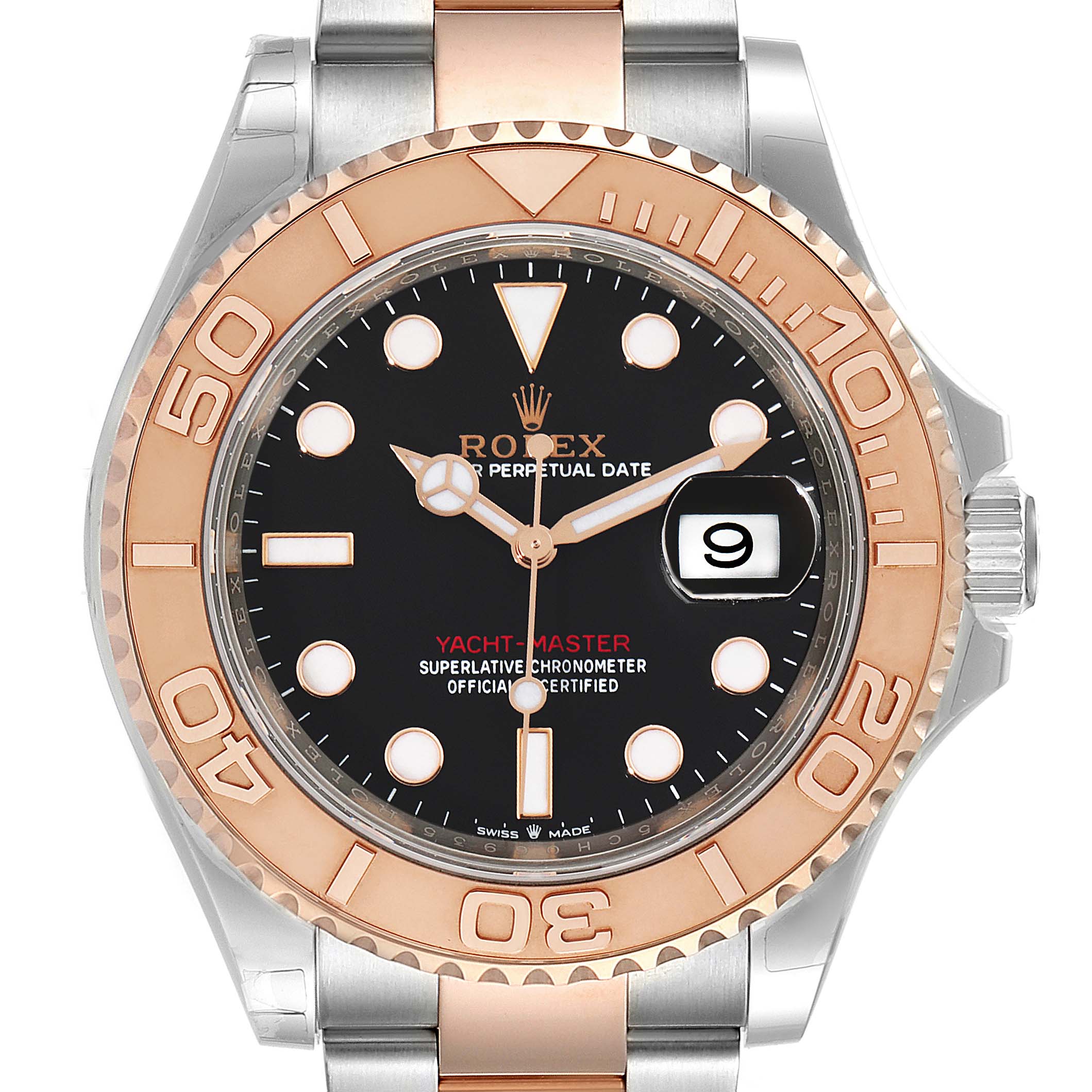 This is a front view of a Rolex Yacht-Master 126621 Men's Steel and Gold (two tone) Black Dial 126621 Men's Steel and Gold (two tone) Black Dial watch, showing the dial, bezel, and part of the bracelet.