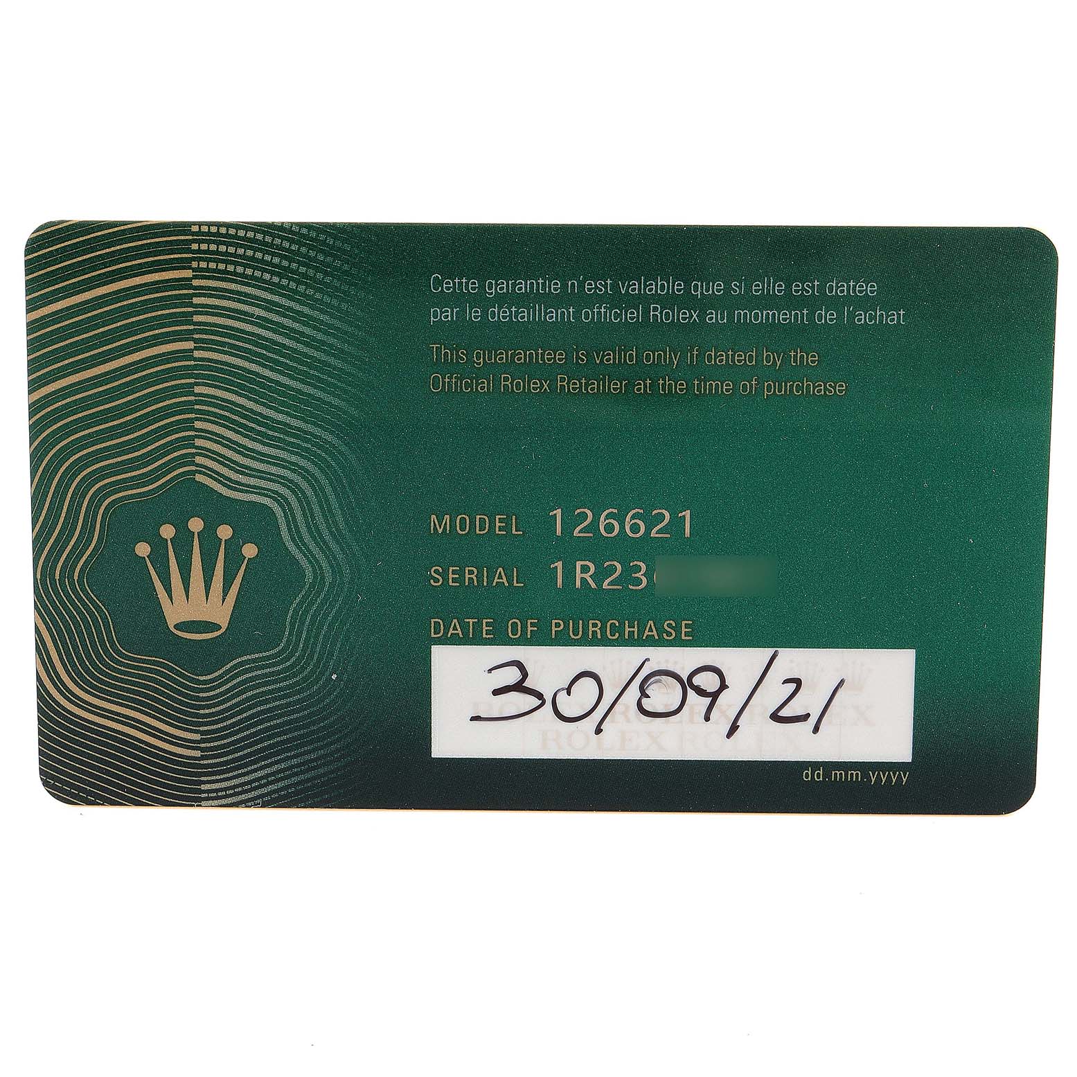 The image shows a Rolex guarantee card for the Yacht-Master model 126621, including model, serial number, and purchase date.
